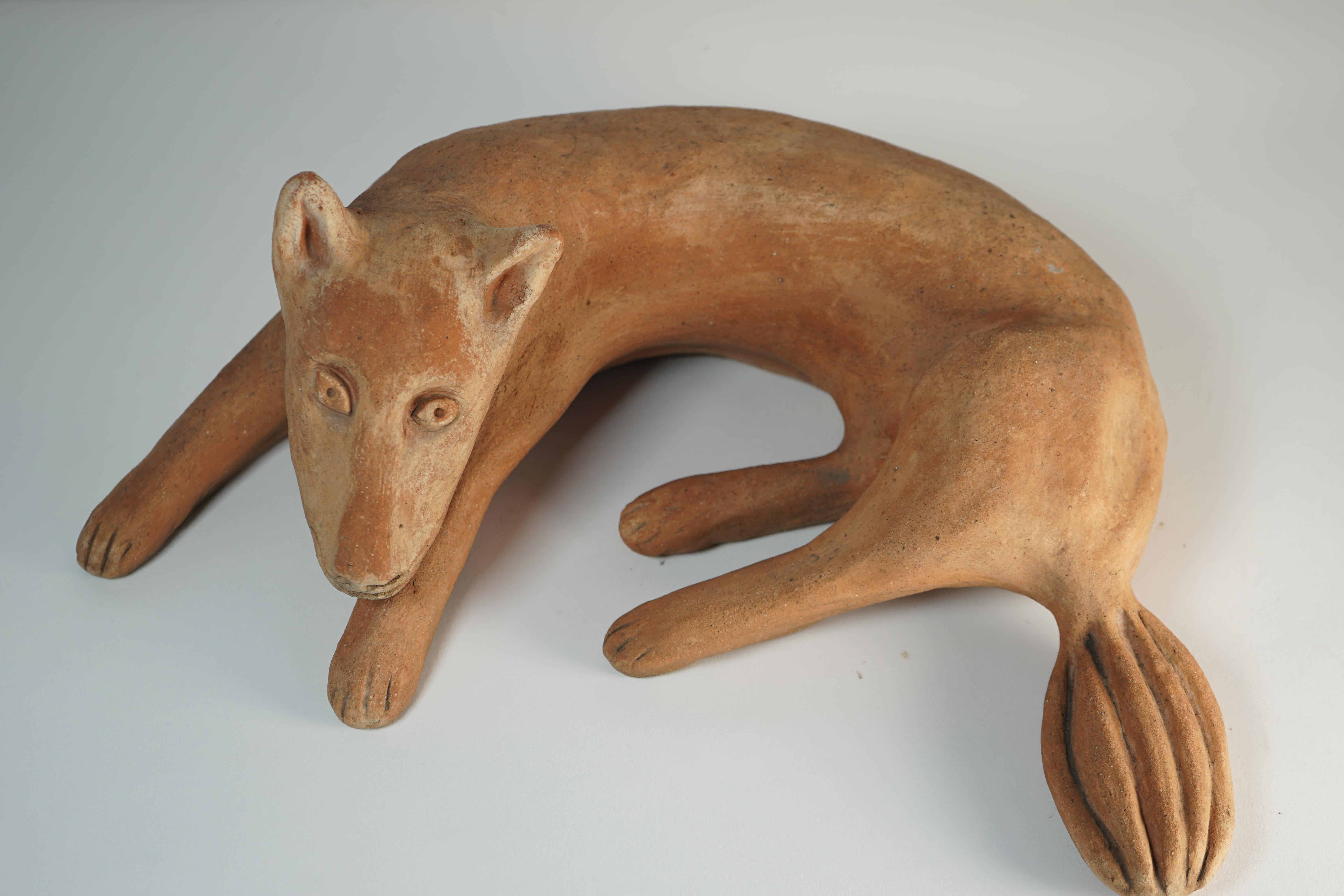 Ceramic sculpture model Fox designed by Nathalie Du Pasquier and produced by Alessio Sarri in 1993. Engraved in the pottery, signature of the artist and manufacturer.
The fox is part of a series of sculptures made up of 7 different animals.
Title