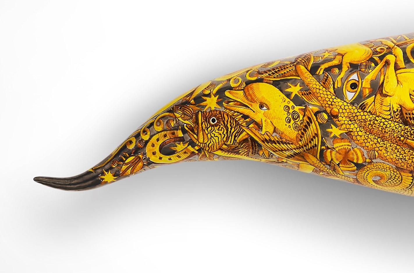 Italian Lucky Horn Ceramic Sculpture Glazed Majolica Platinum Gold Hand Painted, Italy For Sale