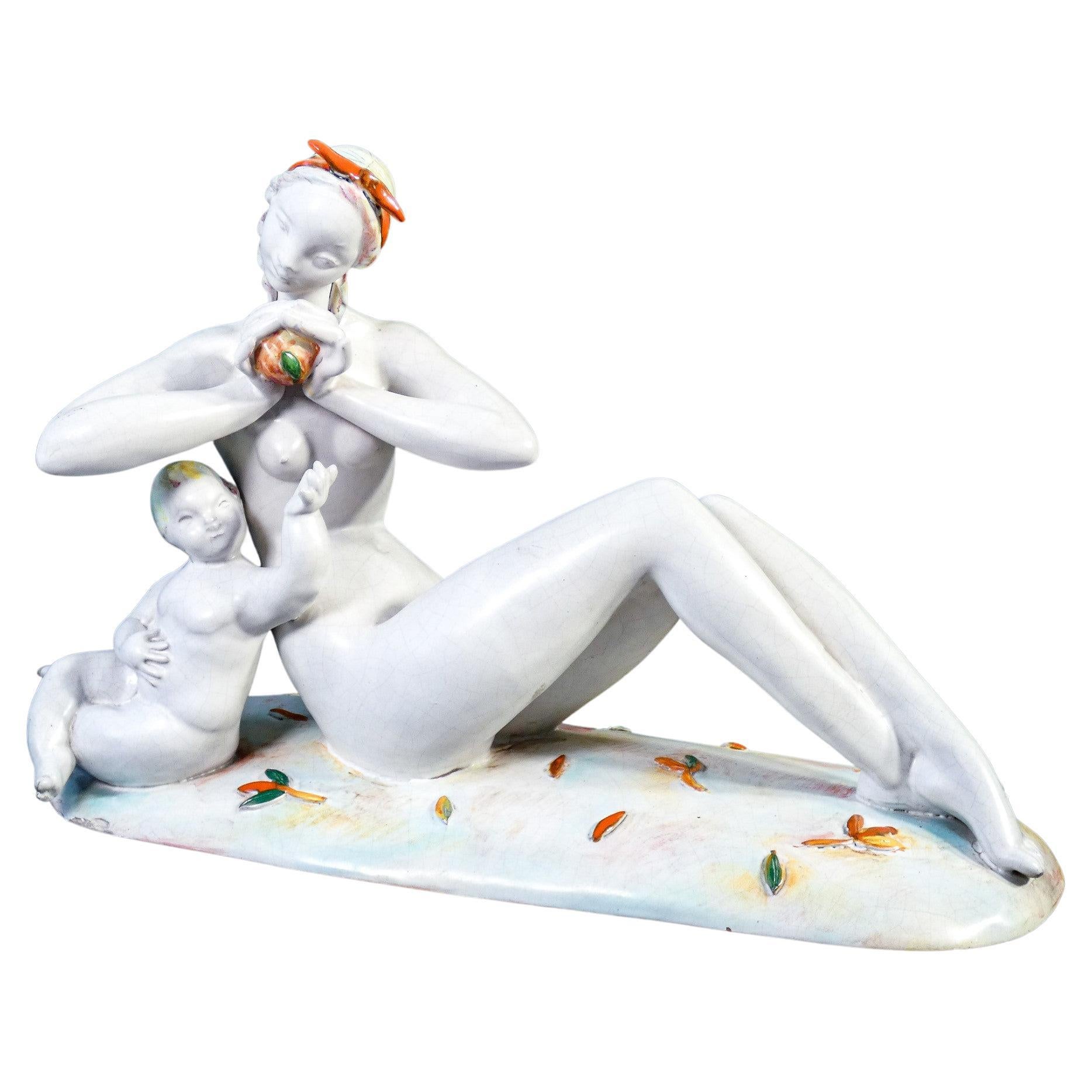 Ceramic Sculpture "Nude Woman with Child" by Eugenio Pattarino, Italy, 1920s For Sale