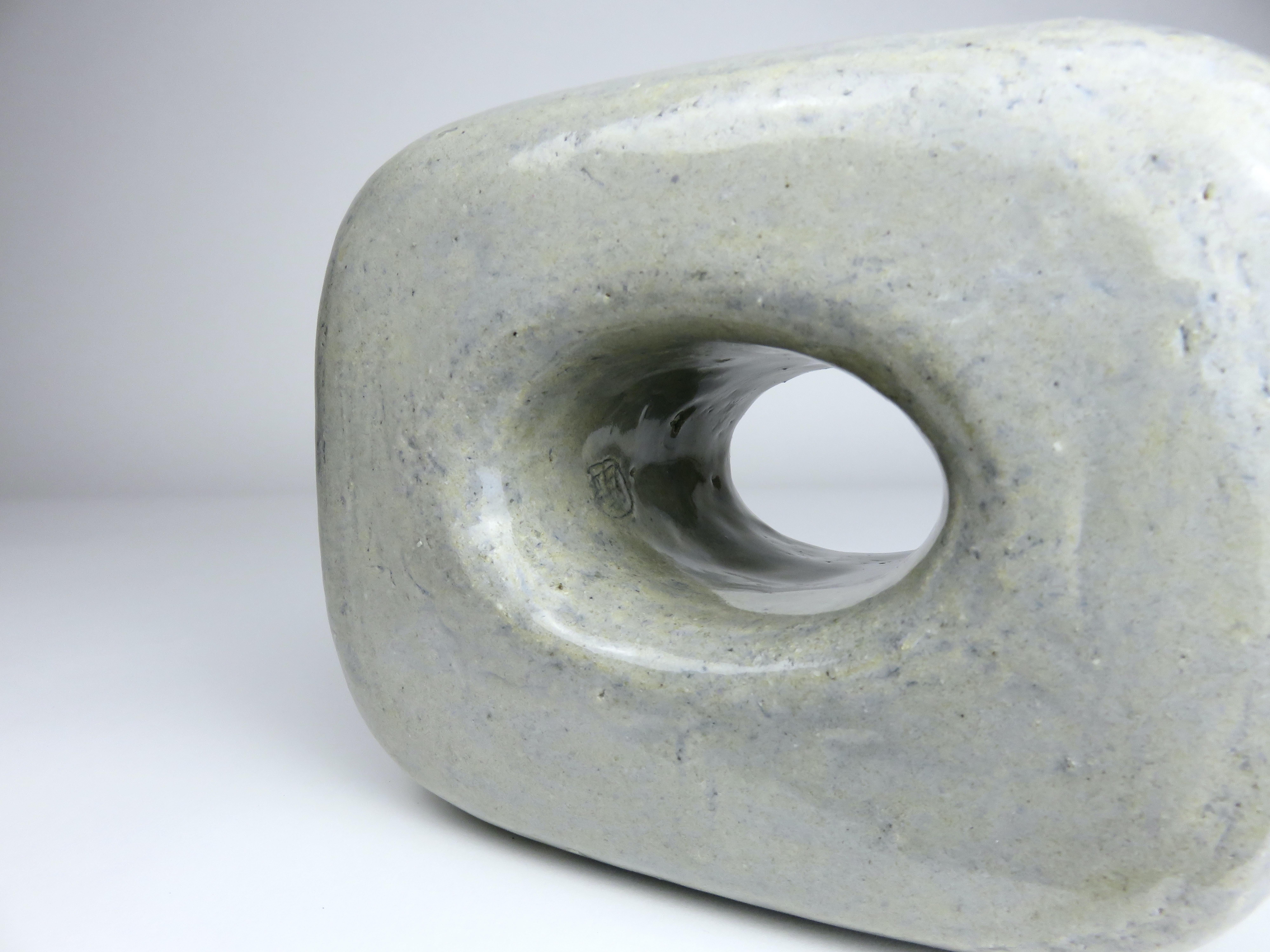 Ceramic Sculpture, Oblong Cube with Oval Opening in Glossy Gray Glaze For Sale 2