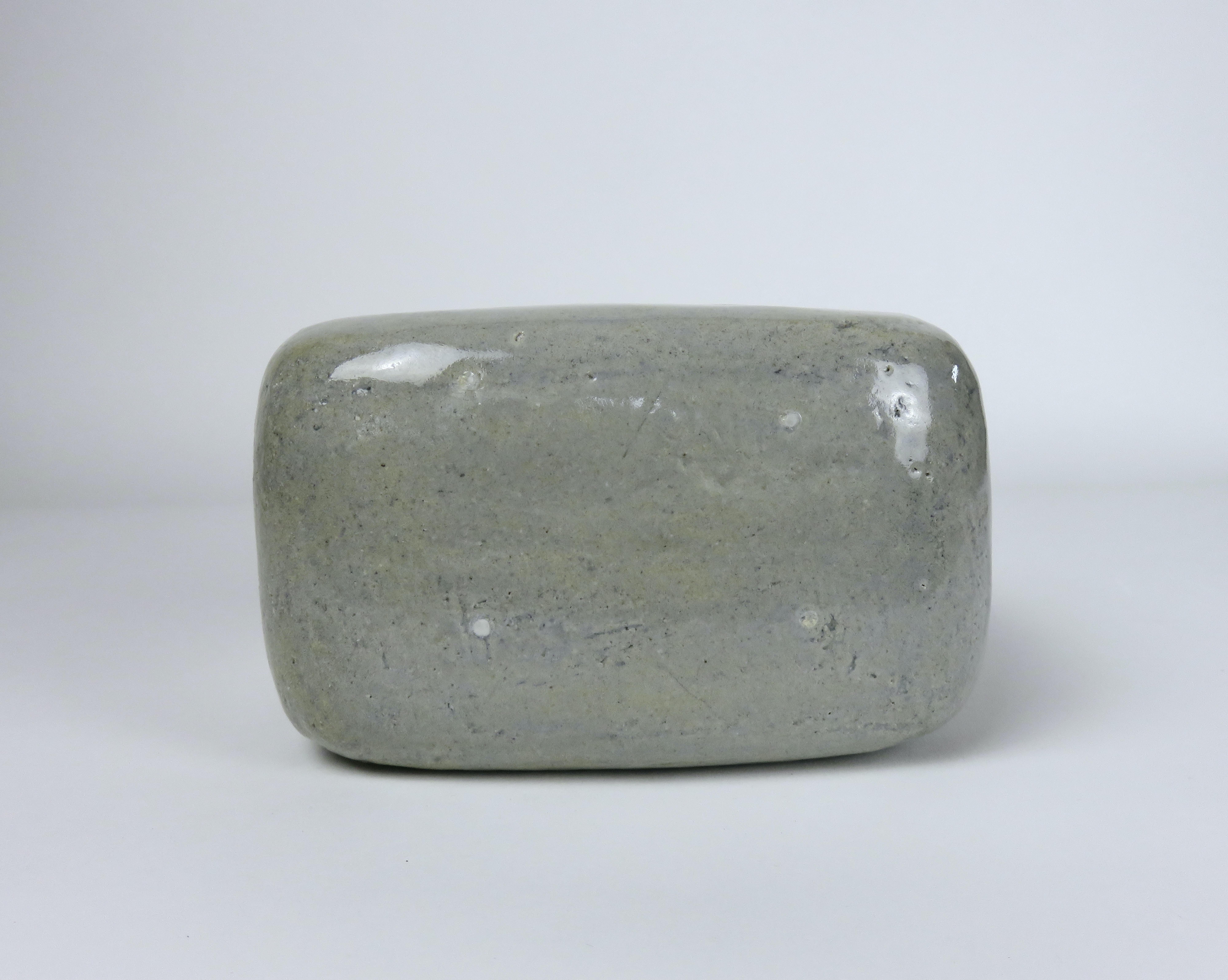 Ceramic Sculpture, Oblong Cube with Oval Opening in Glossy Gray Glaze For Sale 3