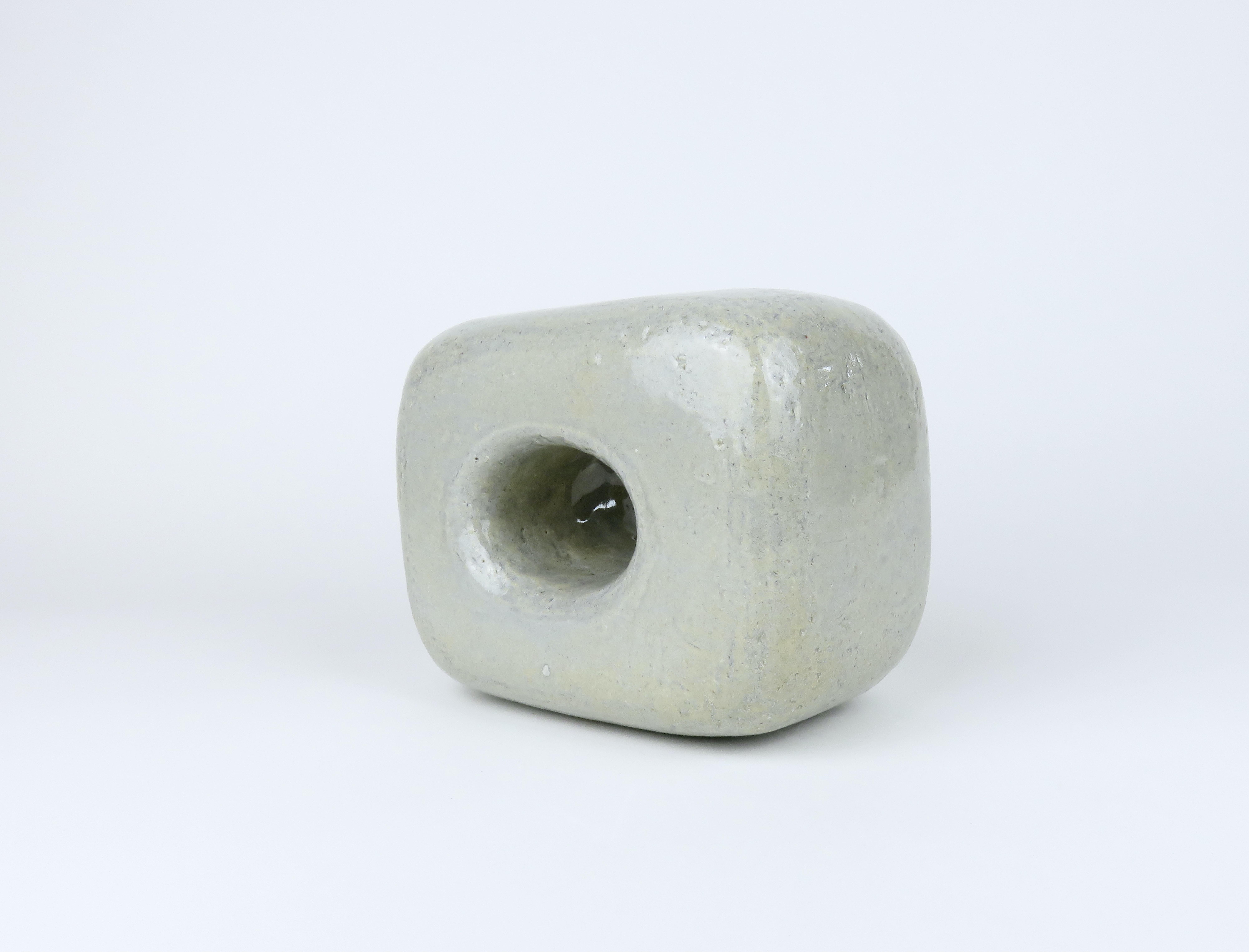 Hand-Crafted Ceramic Sculpture, Oblong Cube with Oval Opening in Glossy Gray Glaze For Sale