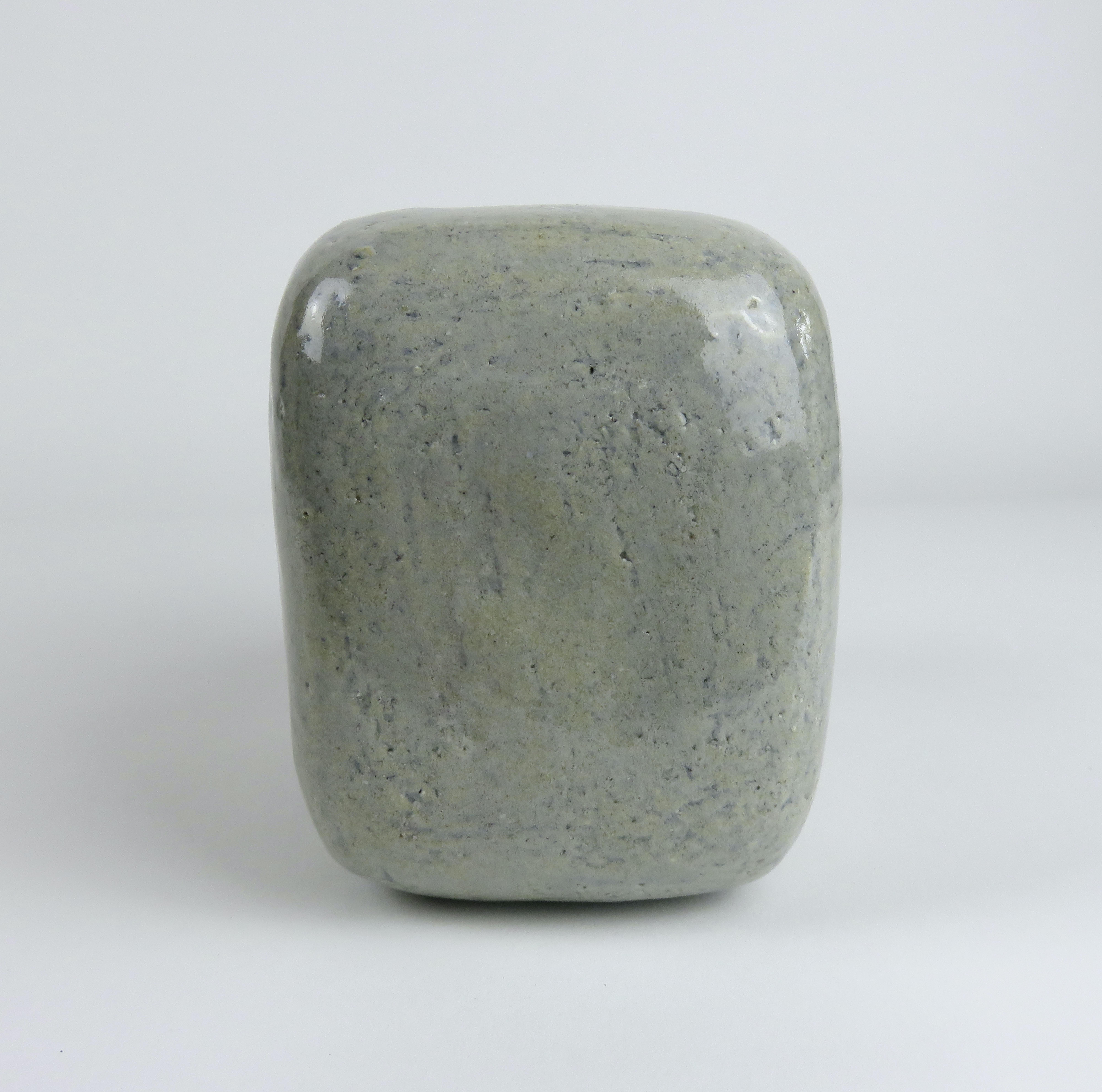 Contemporary Ceramic Sculpture, Oblong Cube with Oval Opening in Glossy Gray Glaze For Sale