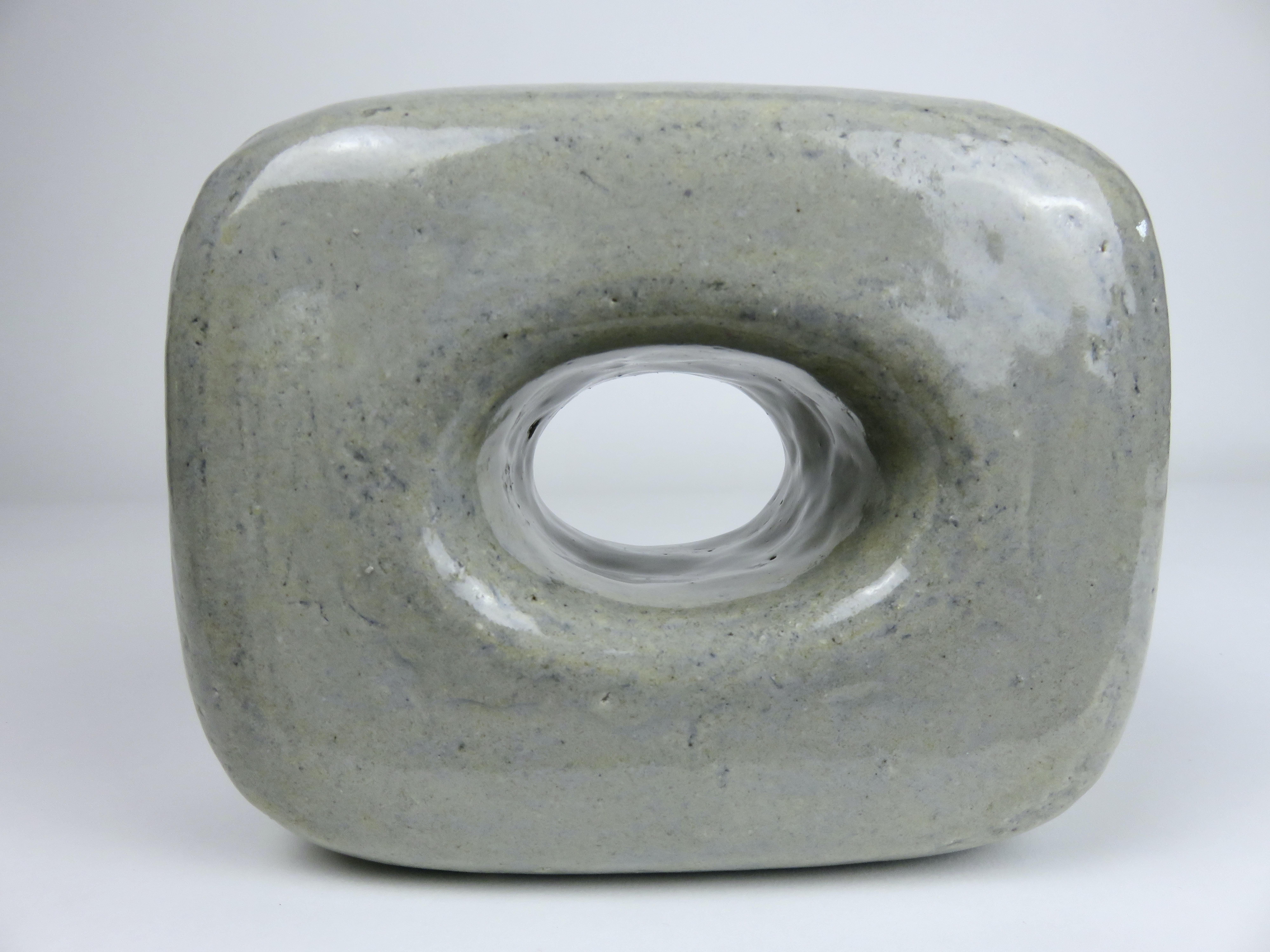 Ceramic Sculpture, Oblong Cube with Oval Opening in Glossy Gray Glaze For Sale 1