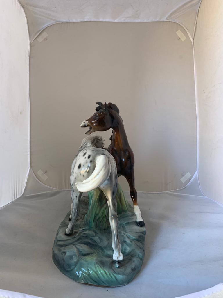 Italian Ceramic Sculpture of 2 Horses by Ronzan, 1940s For Sale