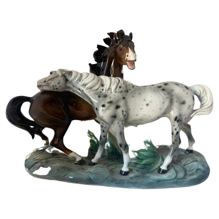 Sculpture en céramique de 2 chevaux par Ronzan, années 1940