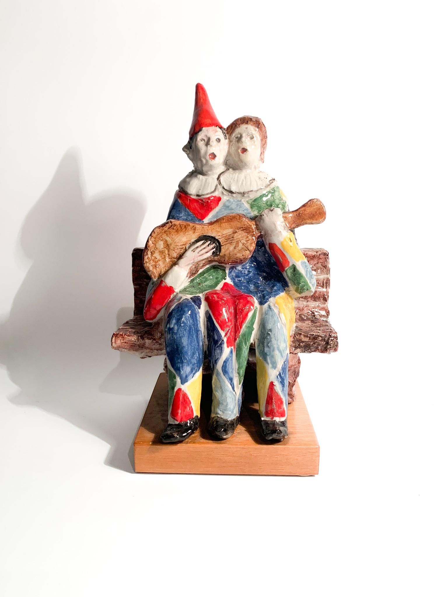 Italian Ceramic Sculpture of a Couple of Musicians by Walter Pozzi, 1980s For Sale