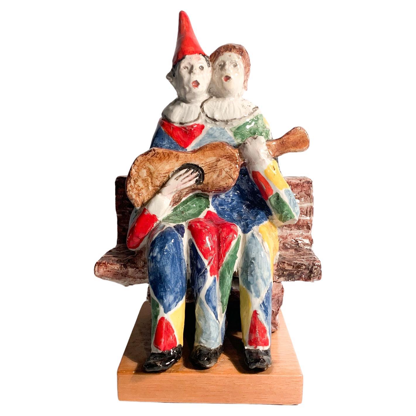 Ceramic Sculpture of a Couple of Musicians by Walter Pozzi, 1980s For Sale