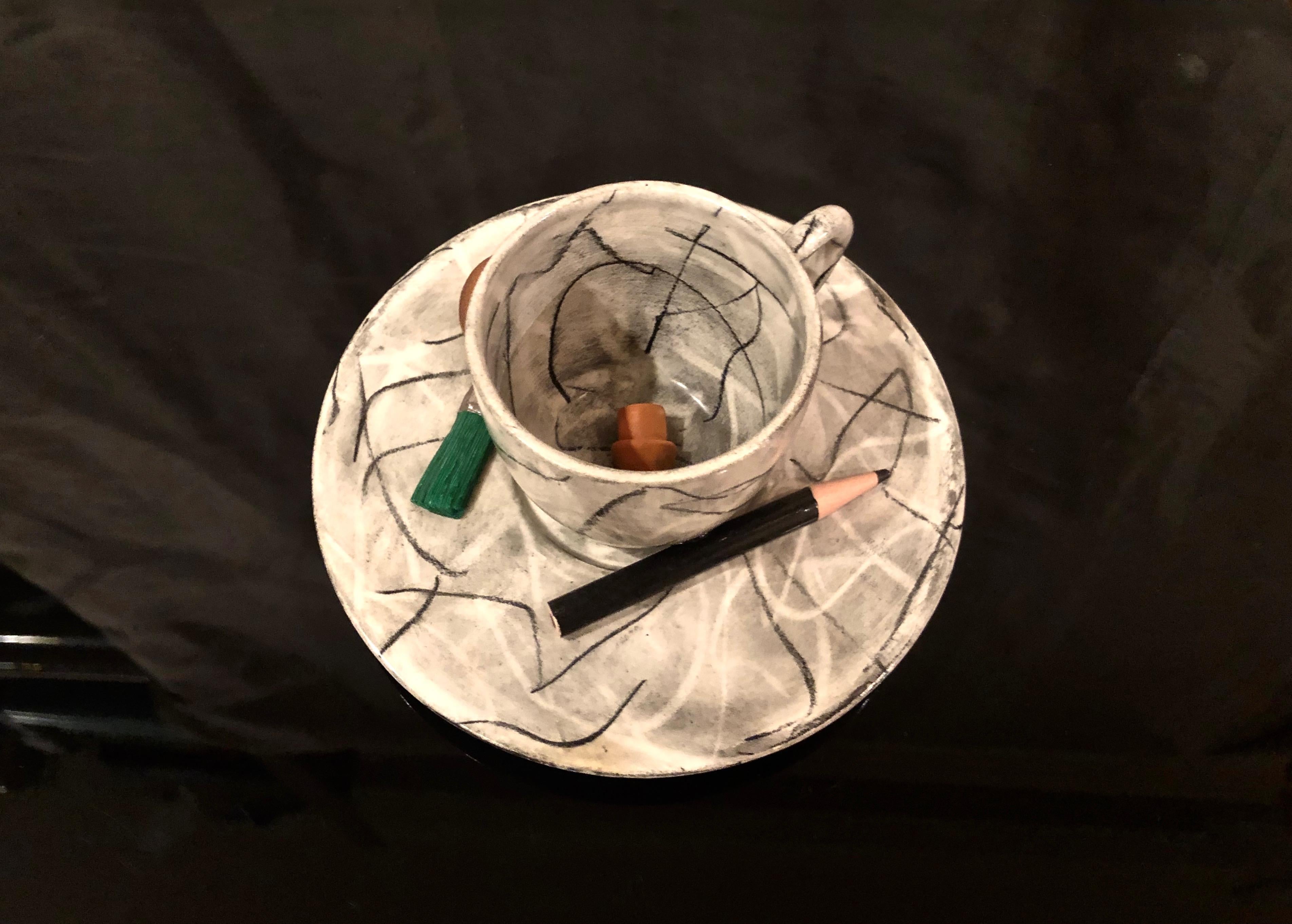 Ceramic Sculpture of a Cup and Plate by David Furman, USA 1996 In Excellent Condition In Jersey City, NJ