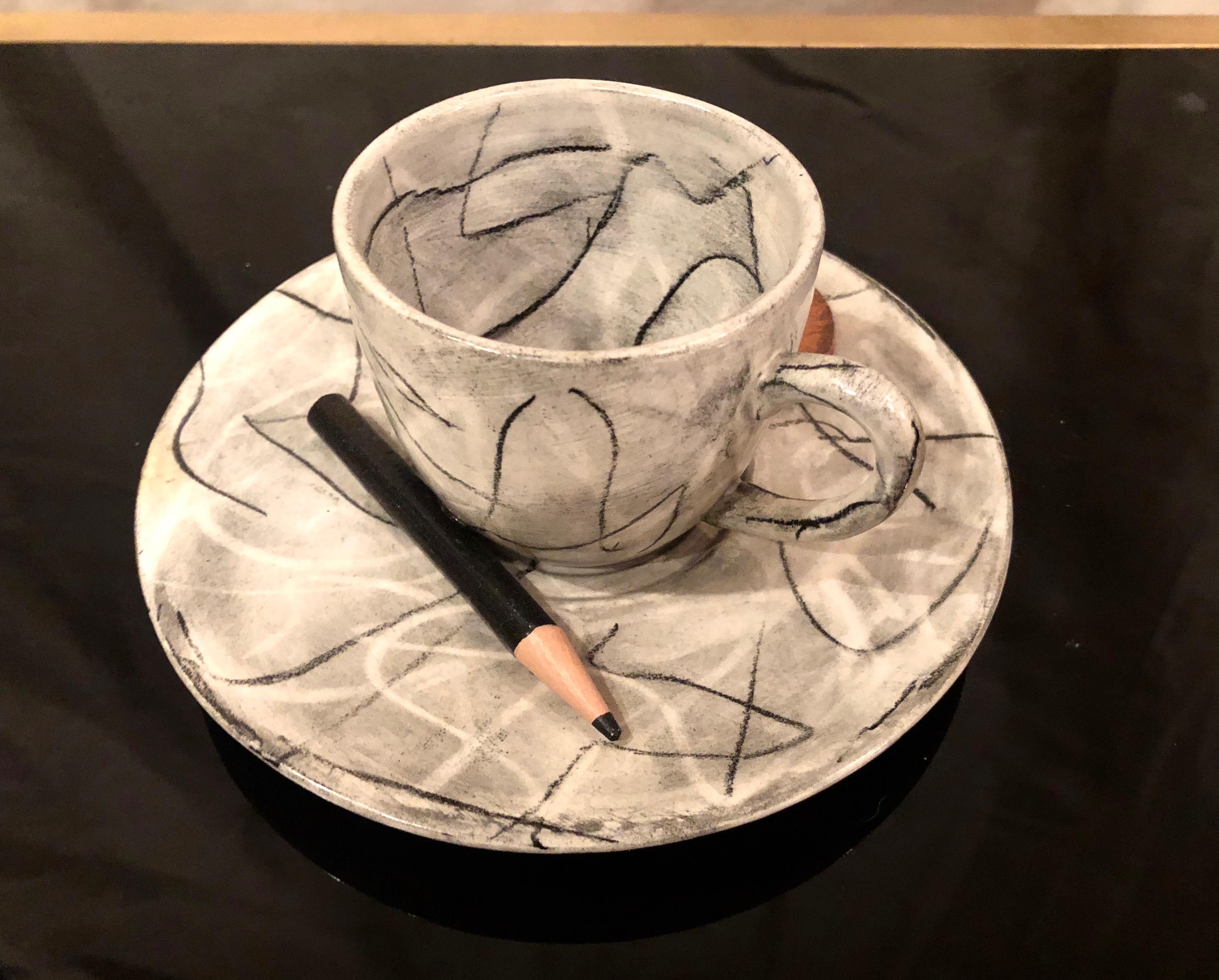 Late 20th Century Ceramic Sculpture of a Cup and Plate by David Furman, USA 1996