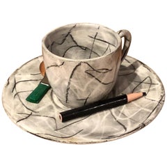 Ceramic Sculpture of a Cup and Plate by David Furman, USA 1996