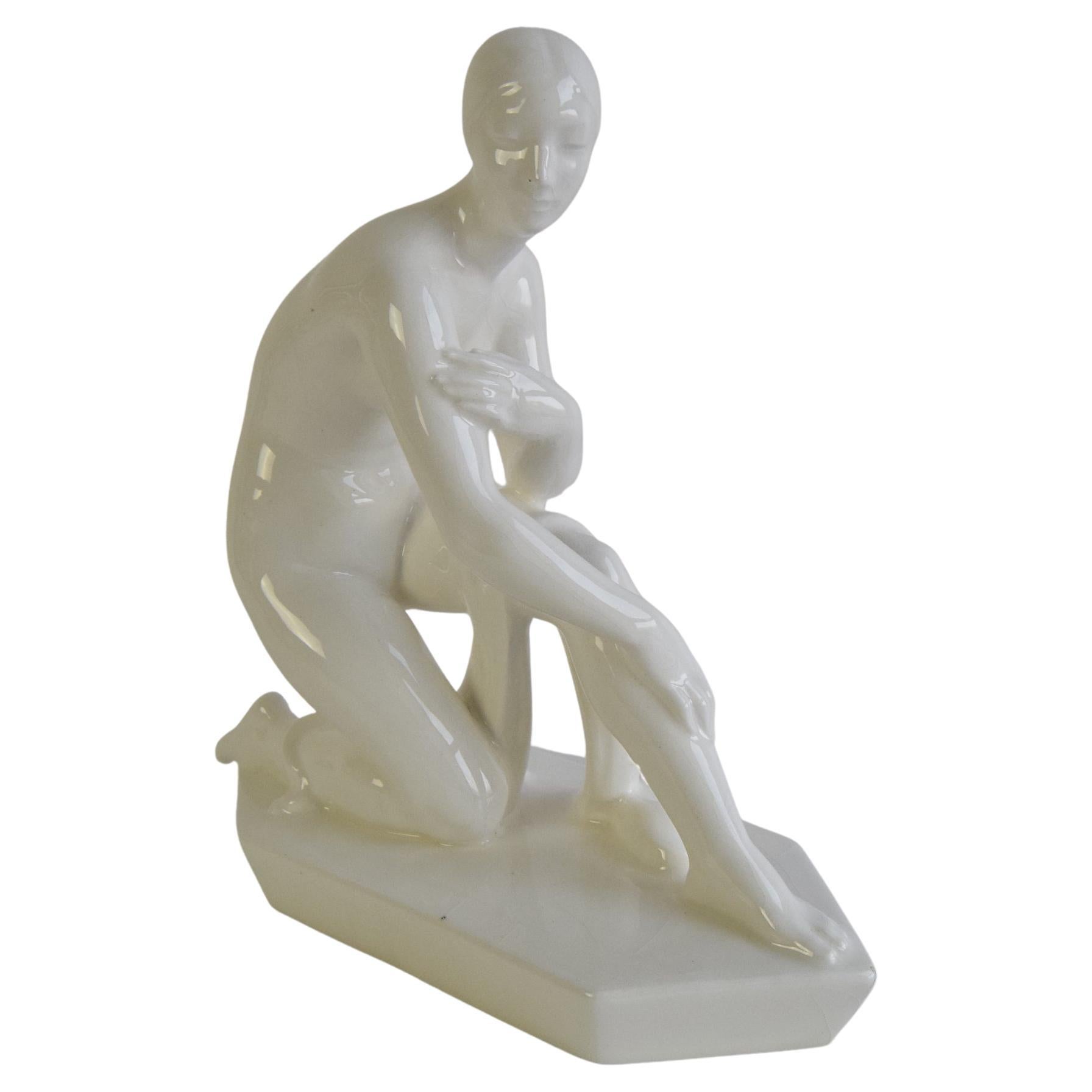 Ceramic Sculpture of a Naked Woman by Hubert Kovařík/Svitavka, circa 1920's.
