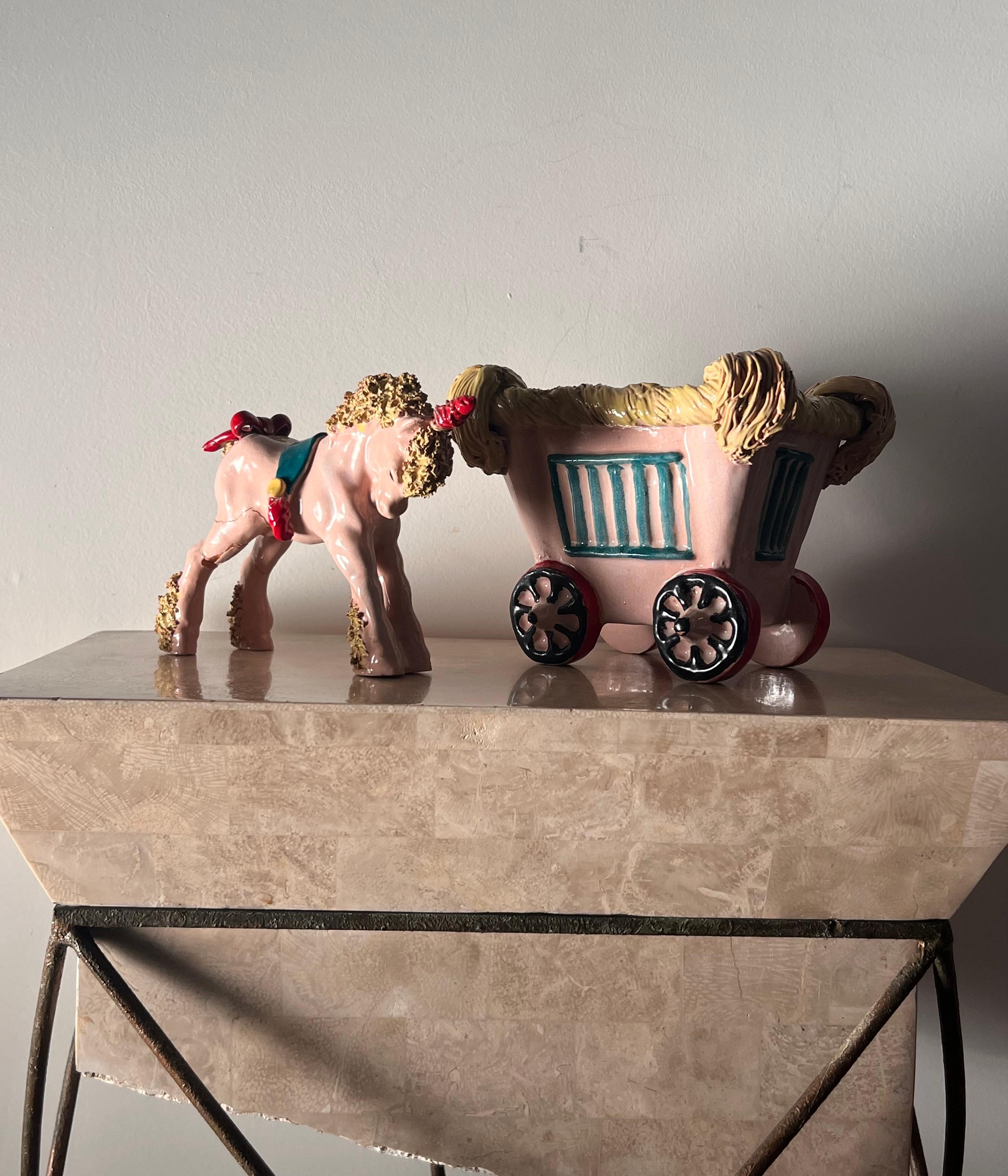 Ceramic sculpture of a pony unicorn and carriage by Bill Meyer, signed, 20th c For Sale 9