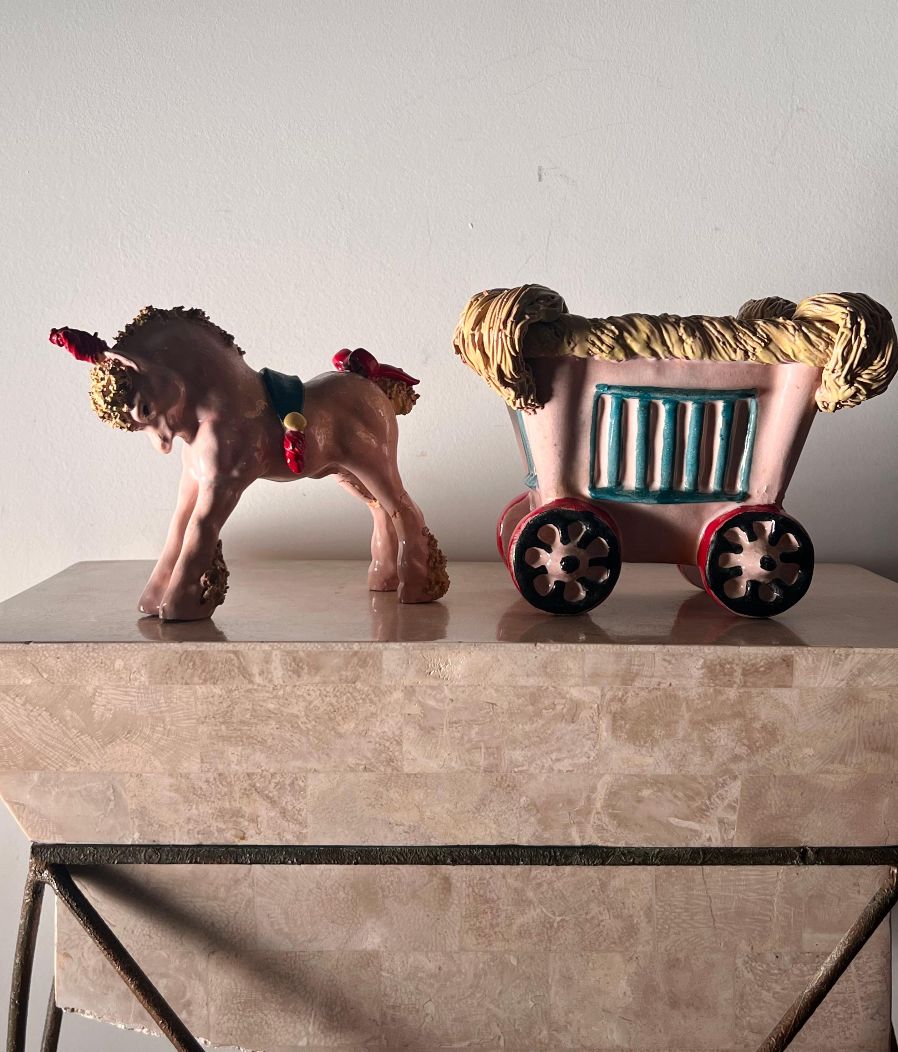 Ceramic sculpture of a pony unicorn and carriage by Bill Meyer, signed, 20th c For Sale 10