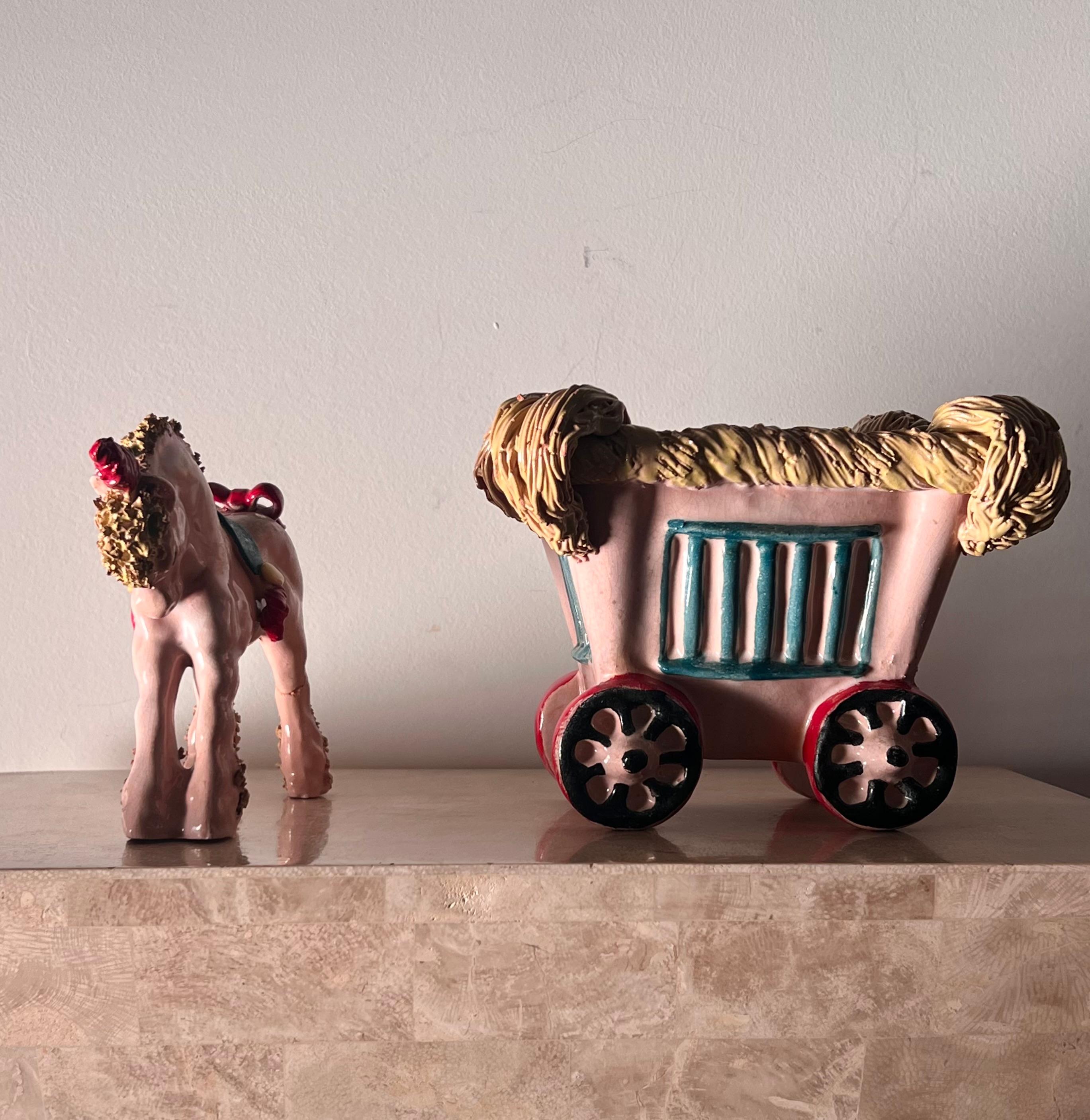 Unknown Ceramic sculpture of a pony unicorn and carriage by Bill Meyer, signed, 20th c For Sale