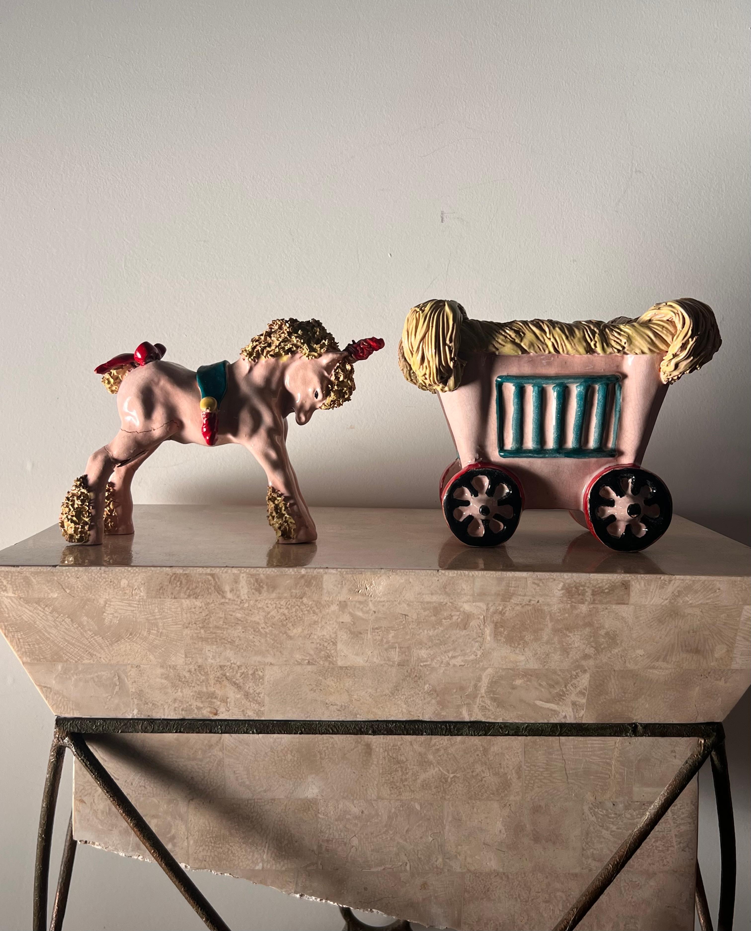 Ceramic sculpture of a pony unicorn and carriage by Bill Meyer, signed, 20th c In Good Condition For Sale In View Park, CA