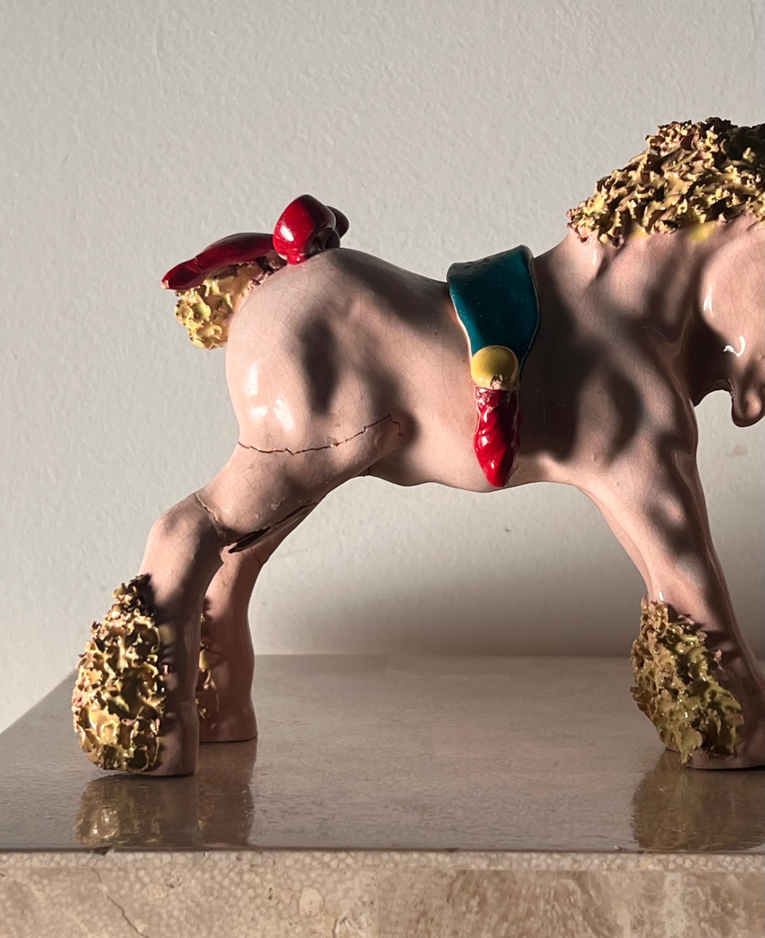 20th Century Ceramic sculpture of a pony unicorn and carriage by Bill Meyer, signed, 20th c For Sale