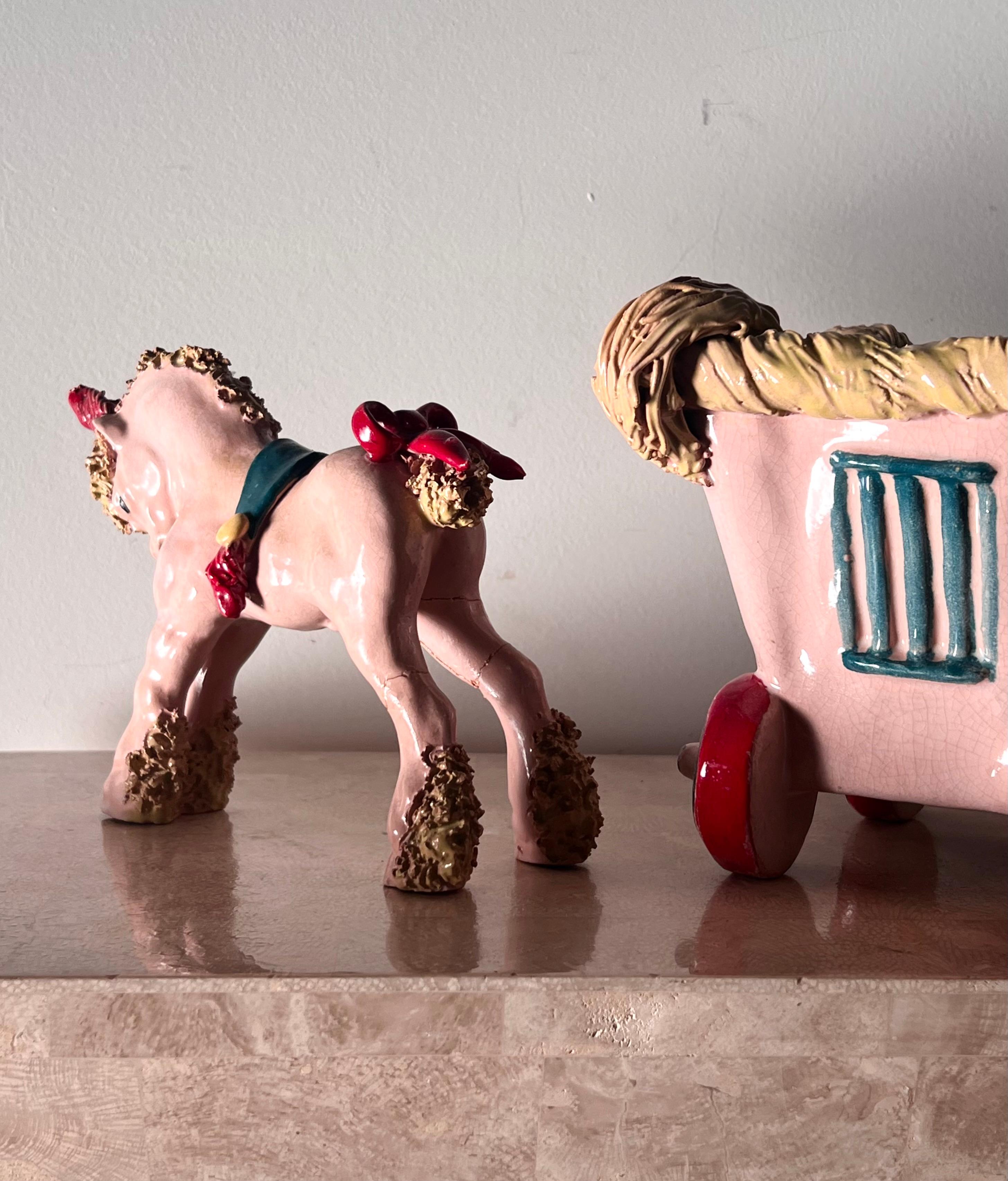 Ceramic sculpture of a pony unicorn and carriage by Bill Meyer, signed, 20th c For Sale 3