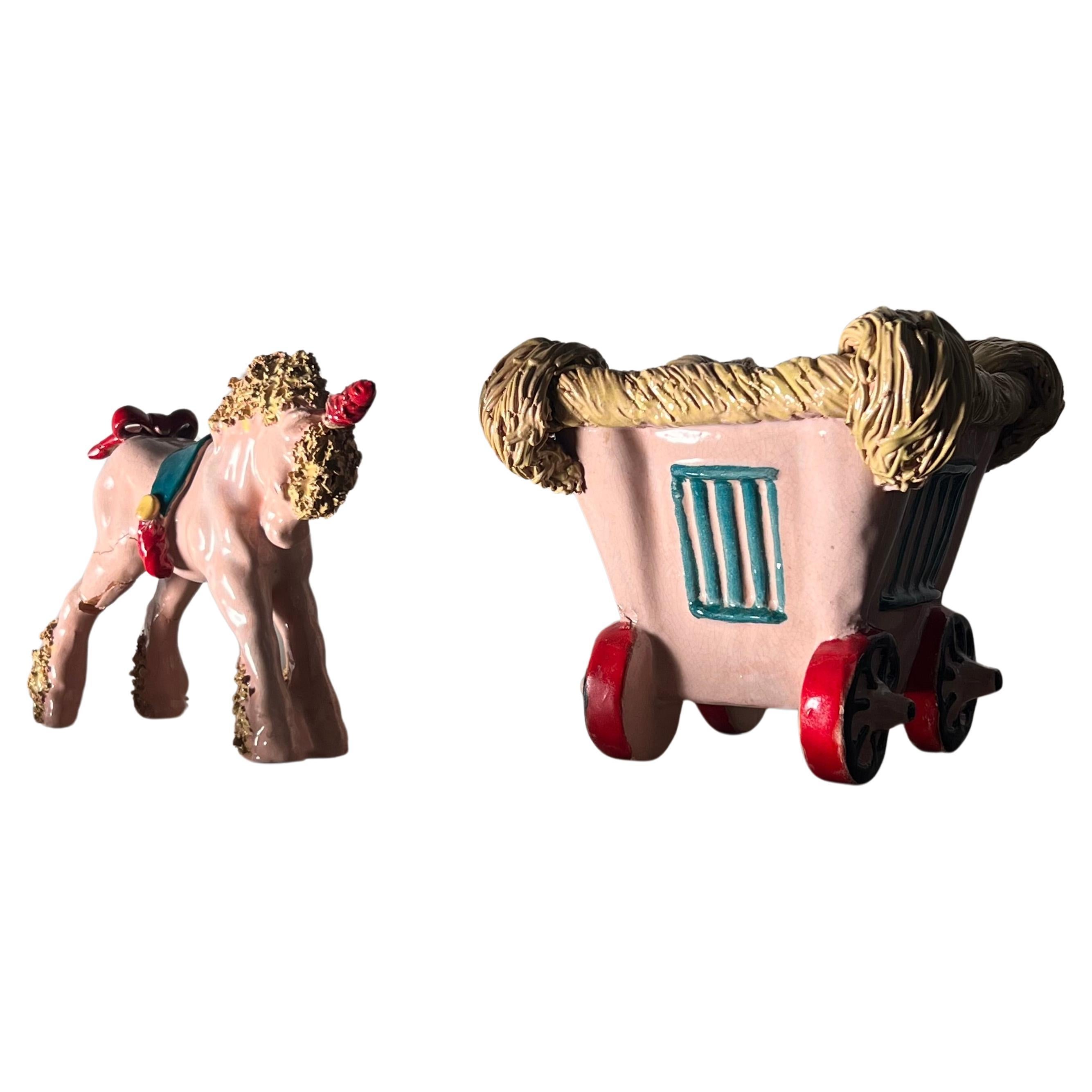 Scultura in ceramica di un unicorno pony e carrozza di Bill Meyer, firmata, 20° sec.