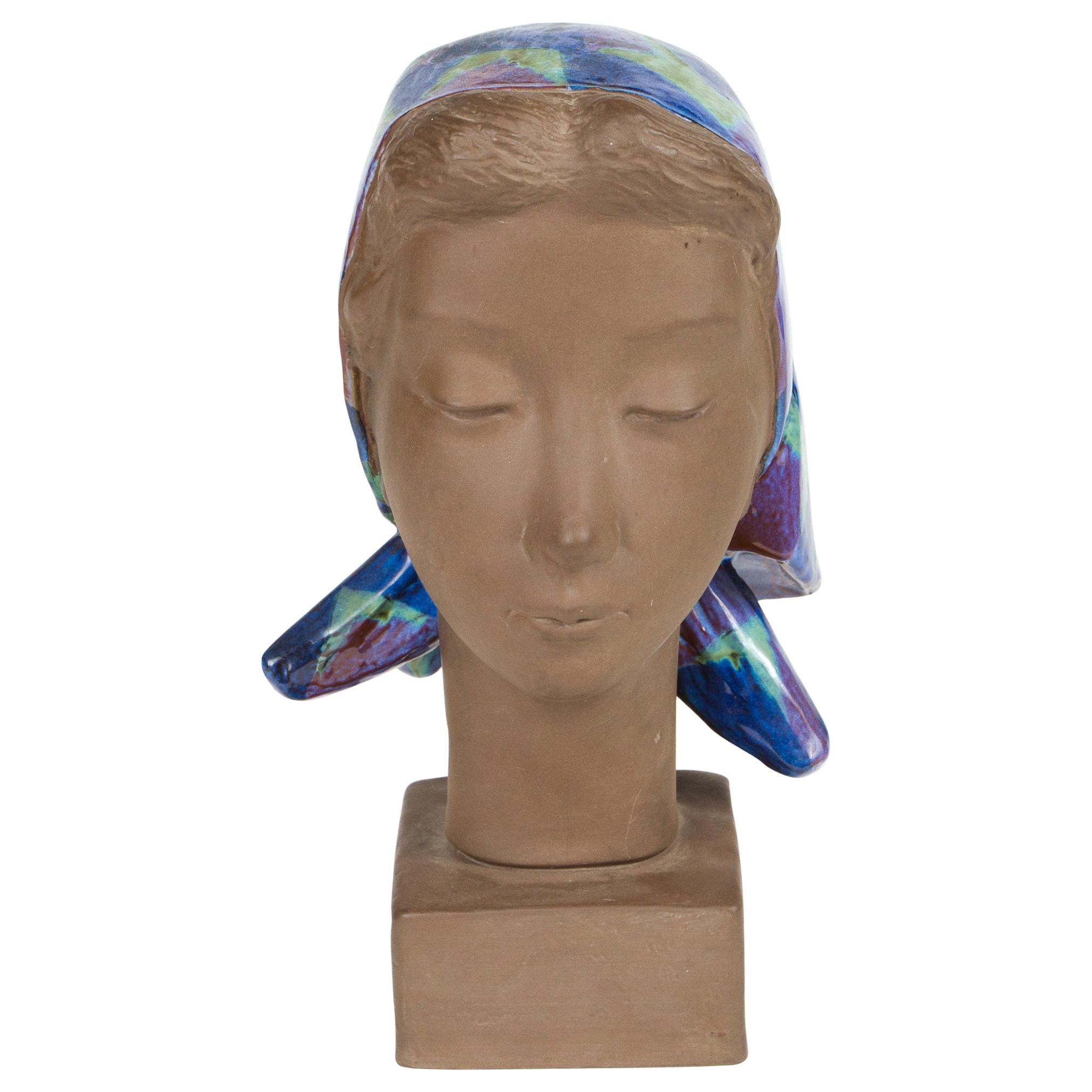Ceramic Sculpture of a Woman Wearing Colored Scarf by Johannes Hedegaard For Sale