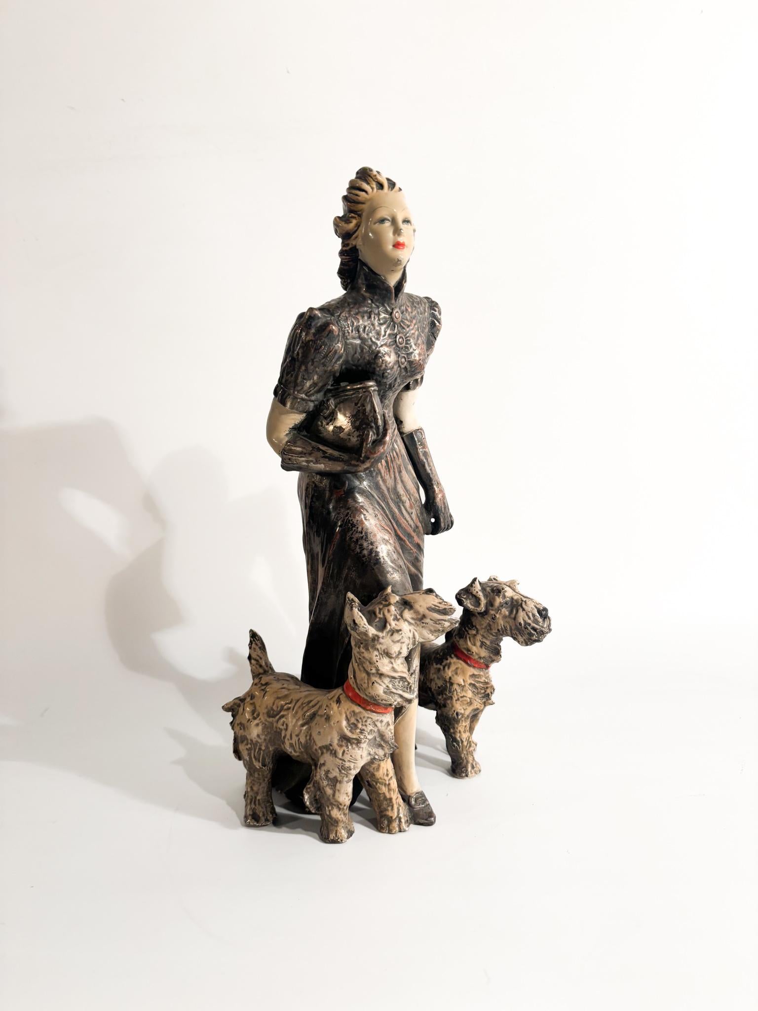 Art Deco Ceramic Sculpture of Lady with Fox Terrier by Ceramiche Mollica 1940s For Sale