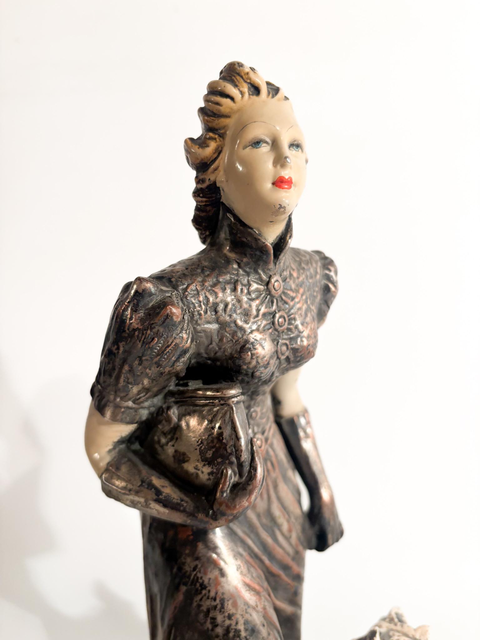 Italian Ceramic Sculpture of Lady with Fox Terrier by Ceramiche Mollica 1940s For Sale