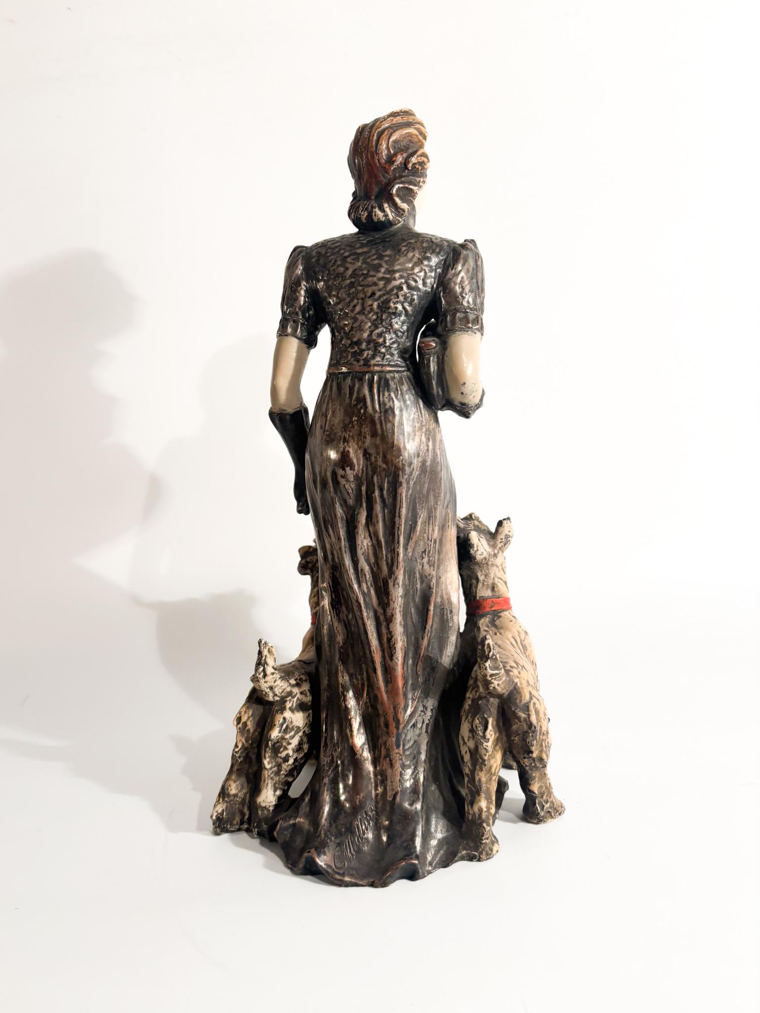 Mid-20th Century Ceramic Sculpture of Lady with Fox Terrier by Ceramiche Mollica 1940s For Sale