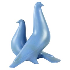 Ceramic Sculpture Of Two Blue Doves, Keramia 1960s