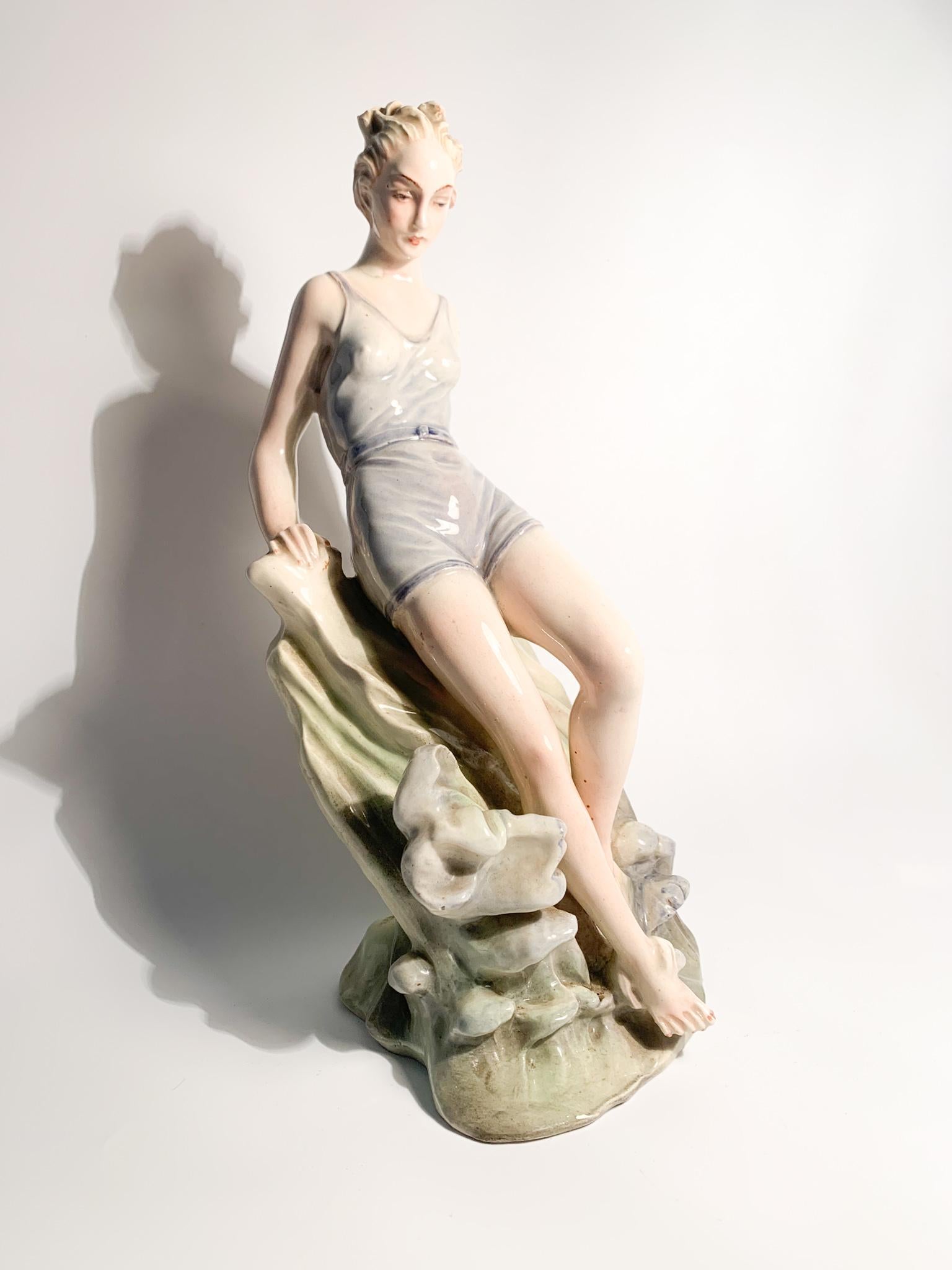French Ceramic Sculpture of Ulca Di Dama on Rock from the 1940s