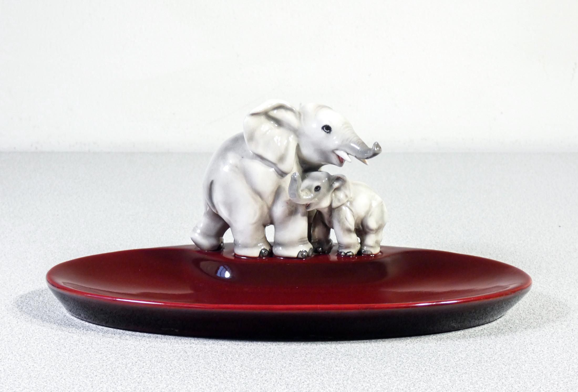 Italian Ceramic Sculpture Signed Guido Cacciapuoti, Elephant with Cub, Italy, 1930s