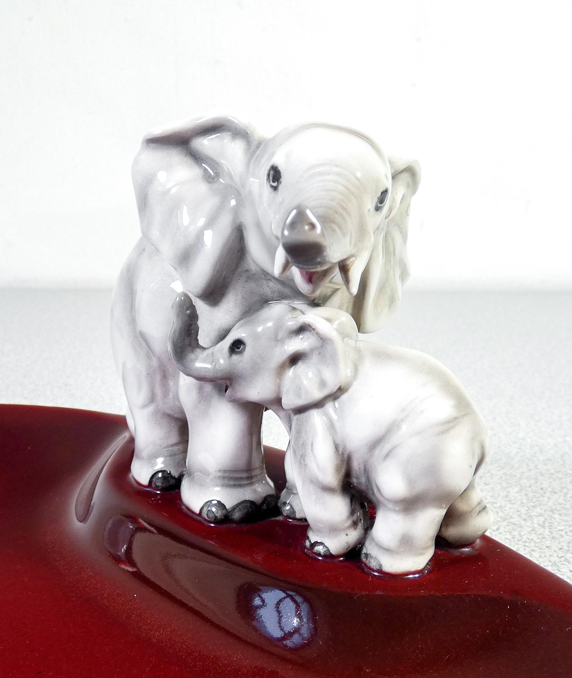 Mid-20th Century Ceramic Sculpture Signed Guido Cacciapuoti, Elephant with Cub, Italy, 1930s