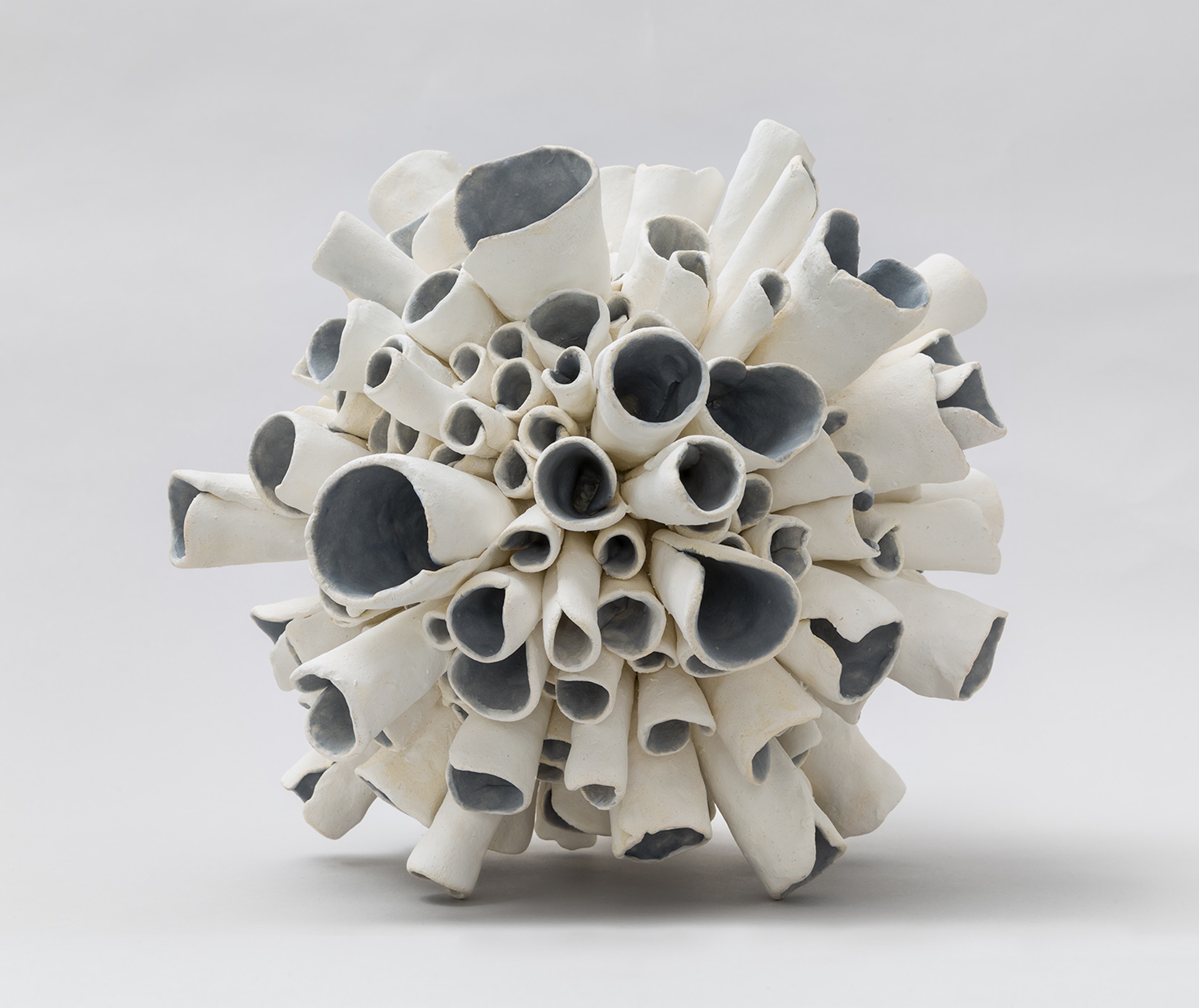 Ceramic Sculpture "Starburst" Sphere in Natural White With Blue/Gray Interior