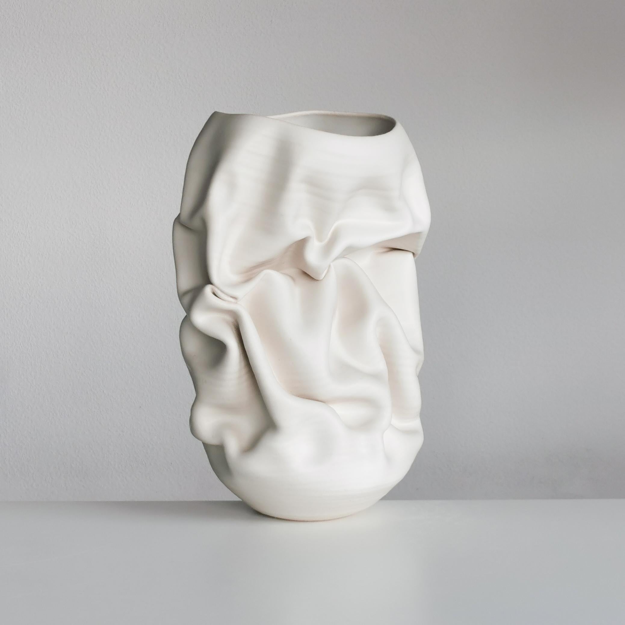Ceramic Sculpture Vessel, N. 50 Medium Tall White Crumpled Form, Objet d'Art 1