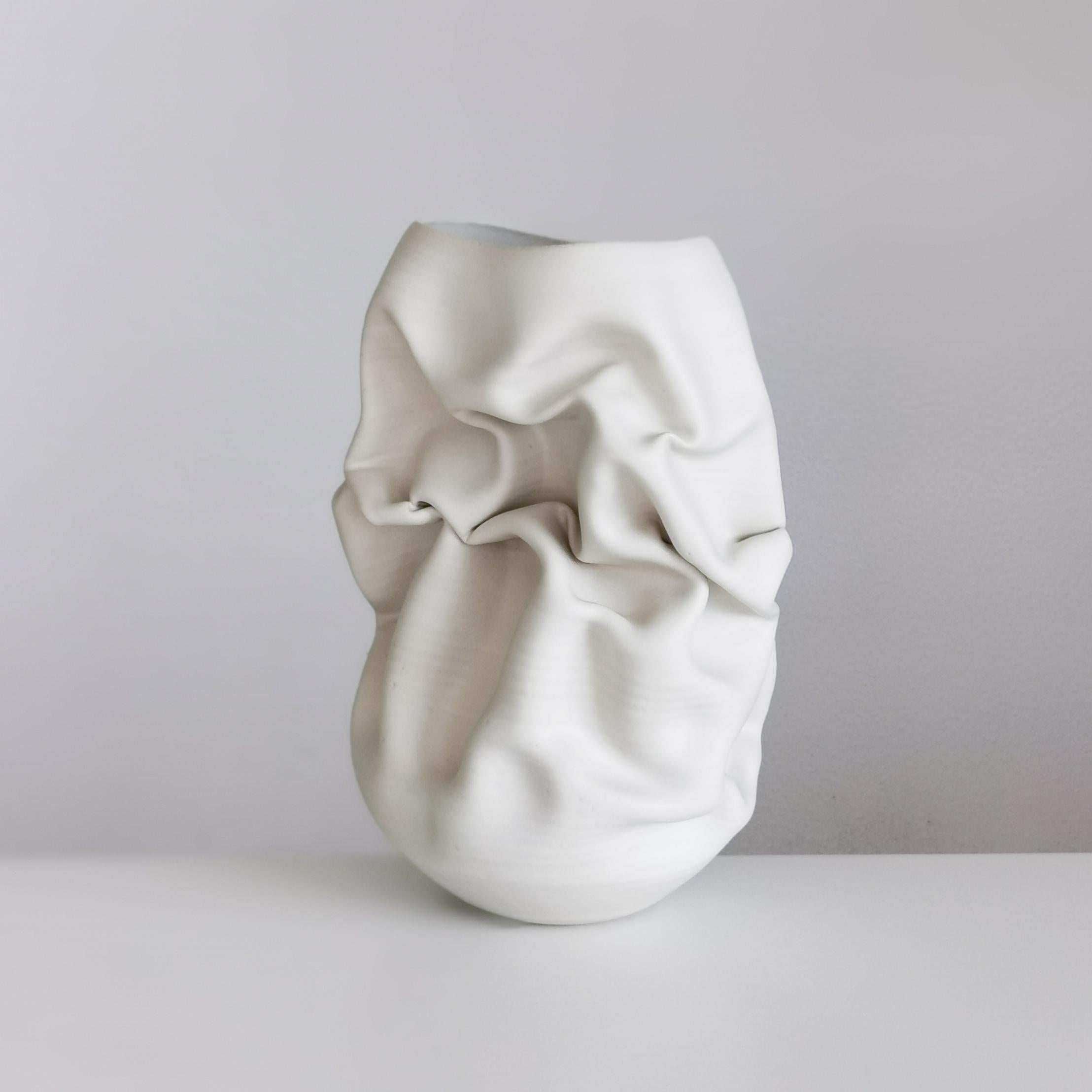 Organic Modern Ceramic Sculpture Vessel, N. 50 Medium Tall White Crumpled Form, Objet d'Art