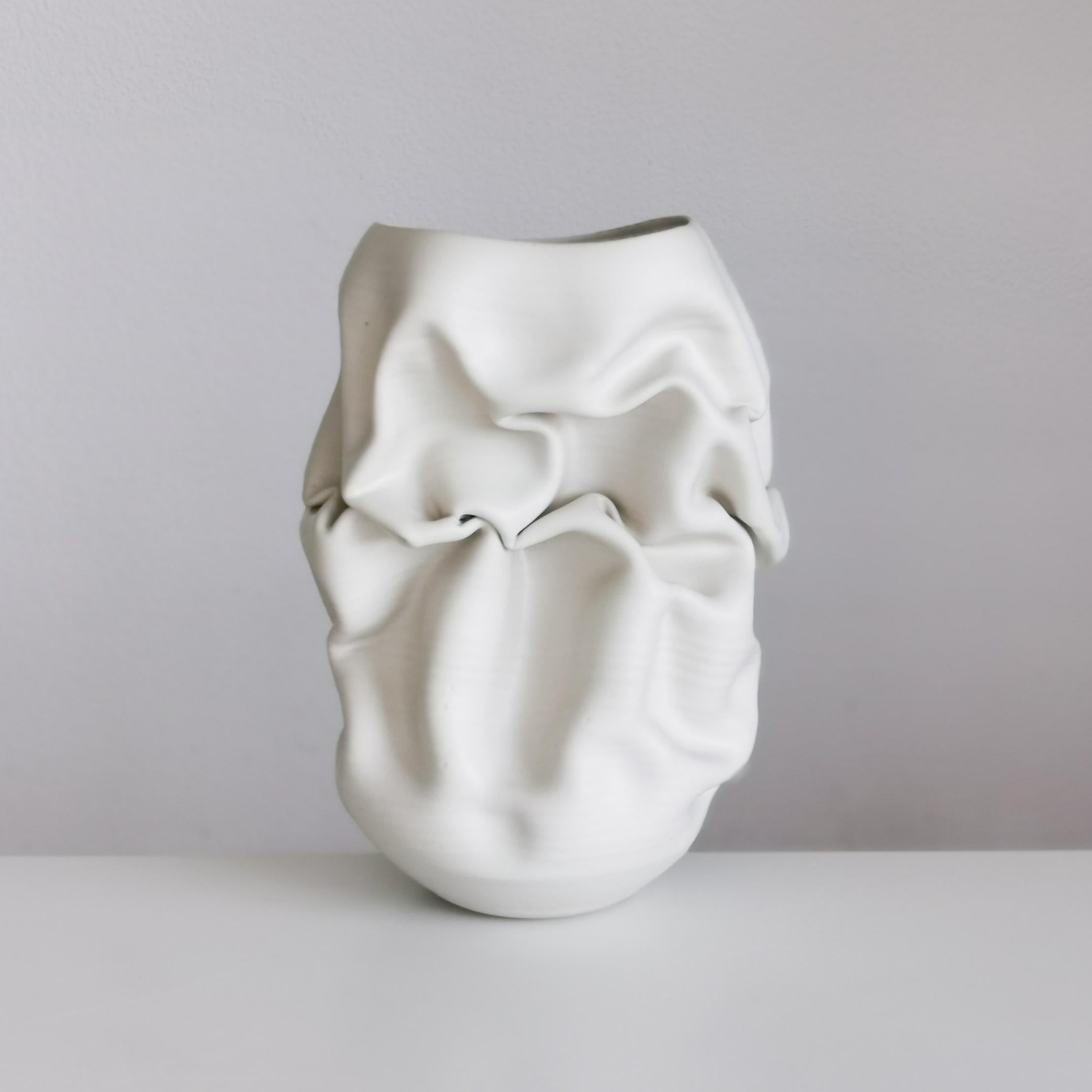 Spanish Ceramic Sculpture Vessel, N. 50 Medium Tall White Crumpled Form, Objet d'Art