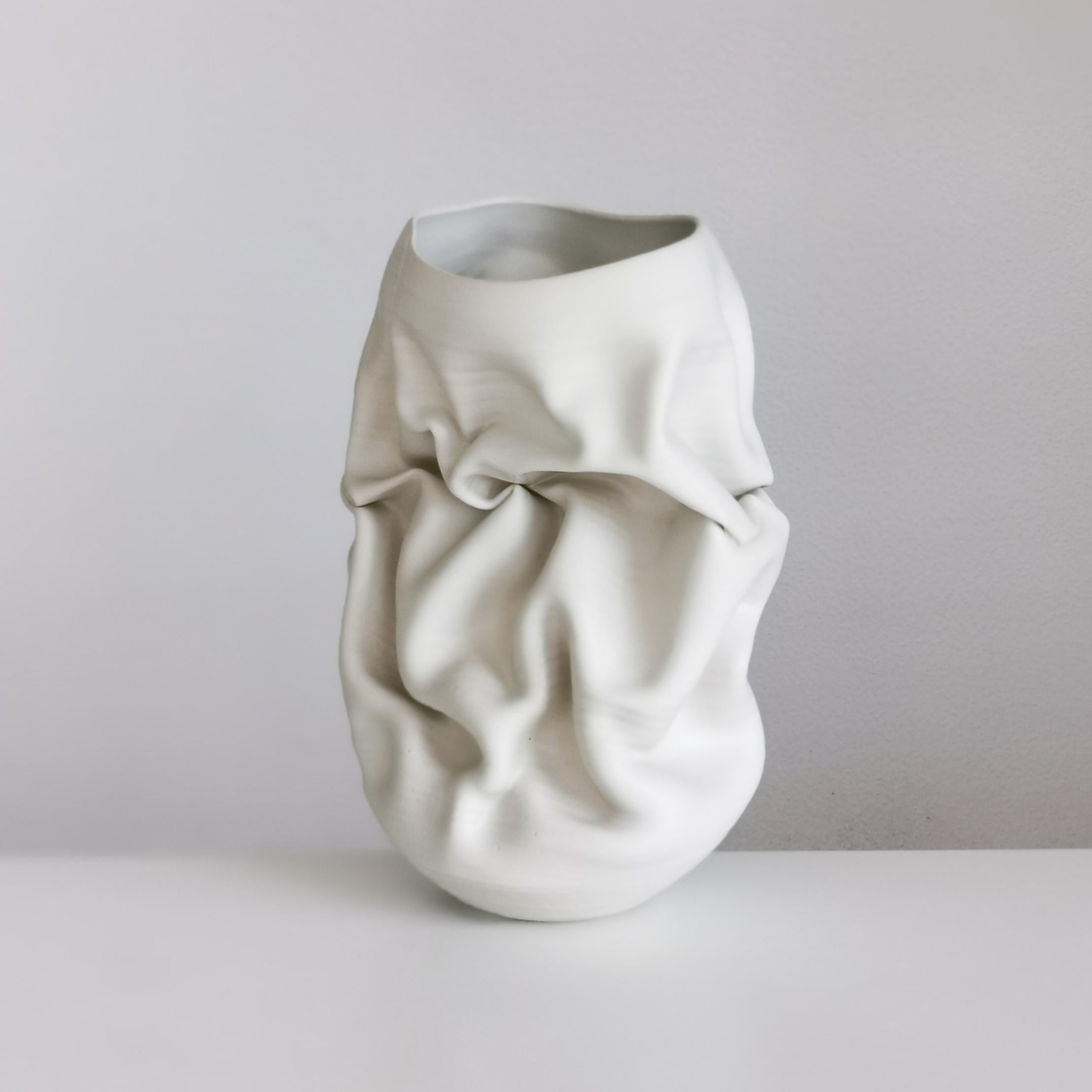 Contemporary Ceramic Sculpture Vessel, N. 50 Medium Tall White Crumpled Form, Objet d'Art