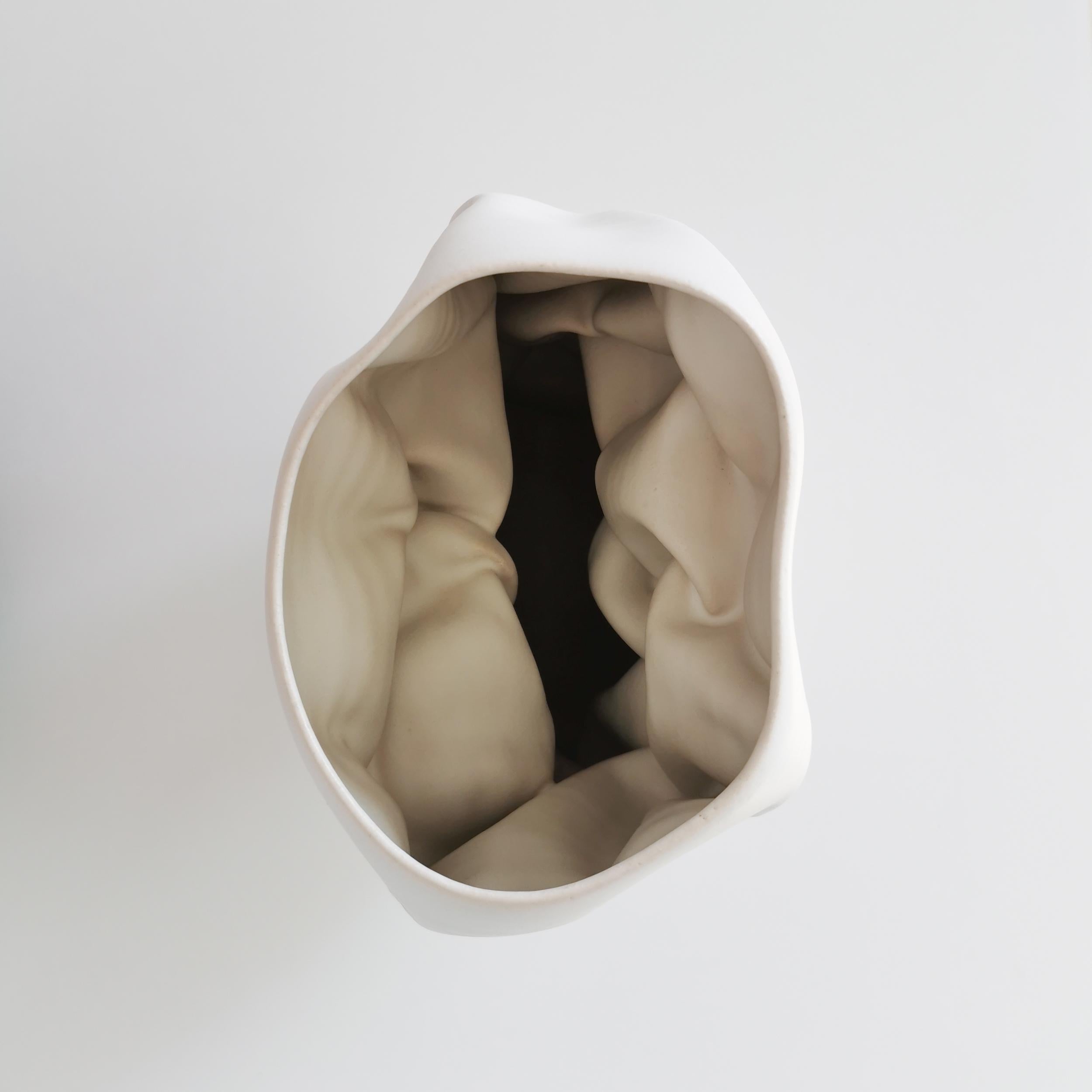Clay Ceramic Sculpture Vessel, N. 50 Medium Tall White Crumpled Form, Objet d'Art