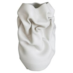 Ceramic Sculpture Vessel N. 52, Medium Tall White Crumpled Form, Objet d'Art