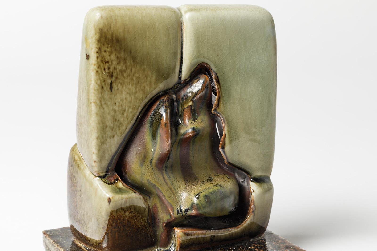 French Ceramic Sculpture with Green- Brown Glazes Decoration by Tim Orr, 1970