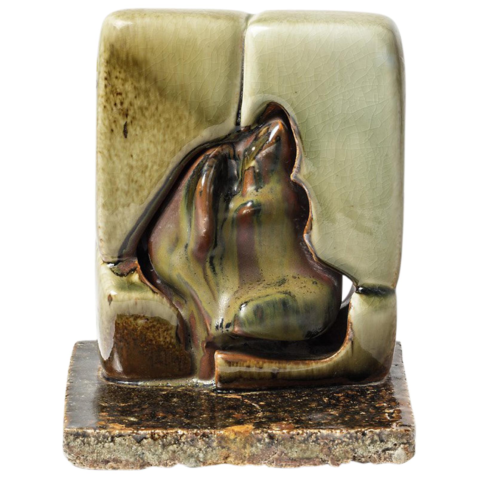 Ceramic Sculpture with Green- Brown Glazes Decoration by Tim Orr, 1970