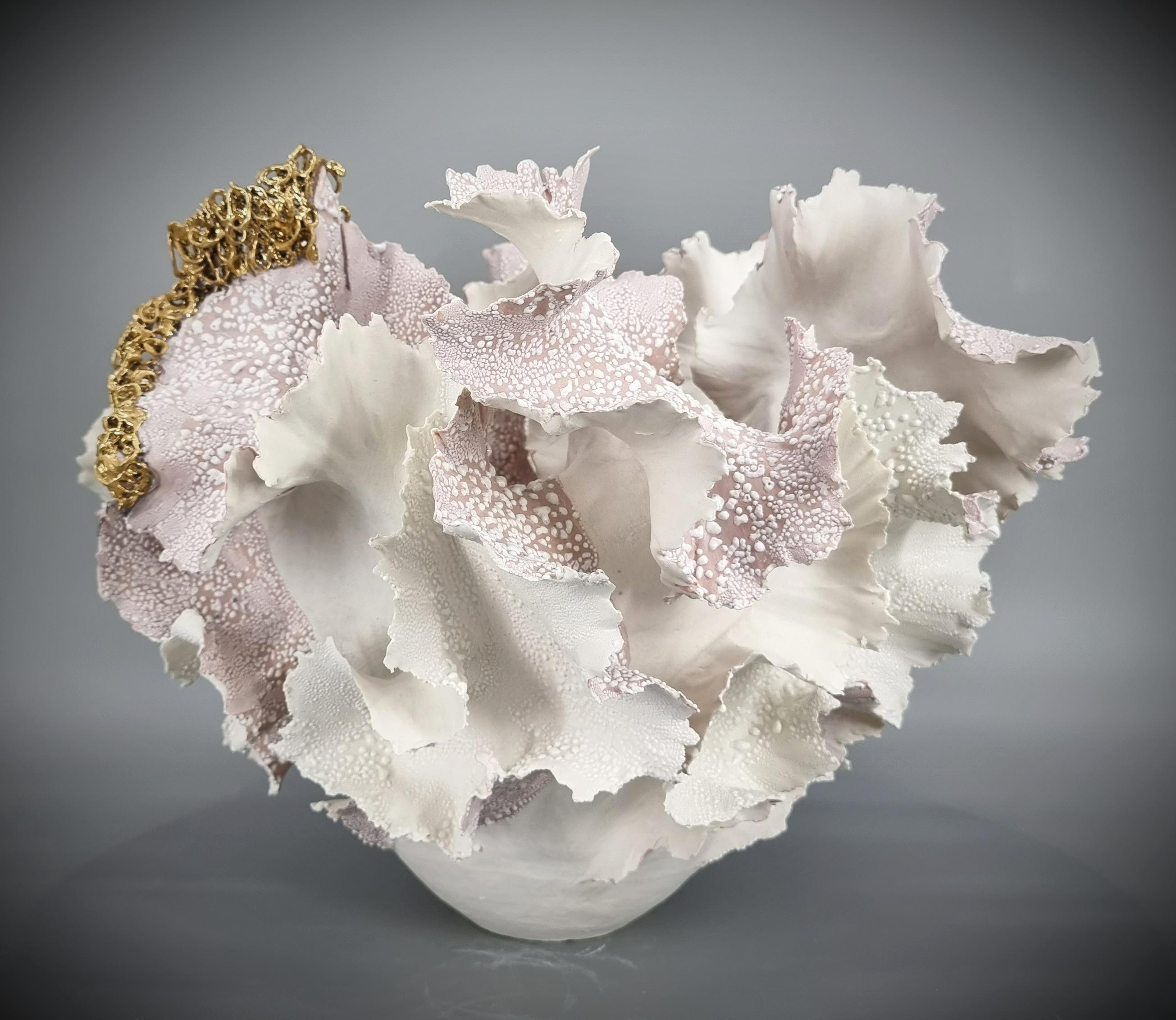 Danish Ceramic Sculpture with Handbuilt Lace and Gold /105
