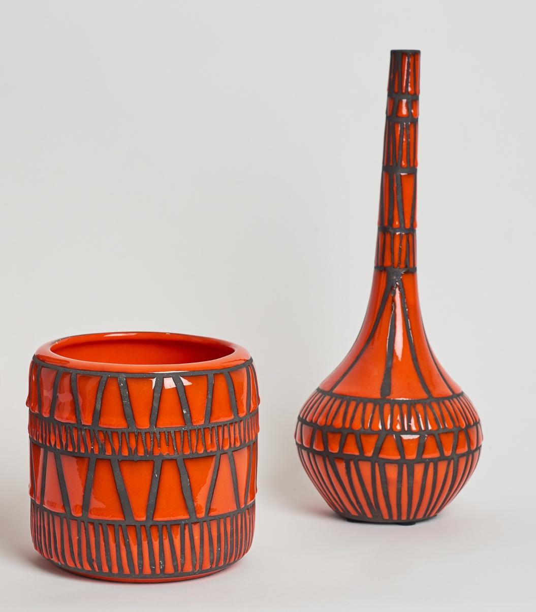 European Ceramic Shiny Red Enamel Vase Signed by Roger Capron, Vallauris, 1950s