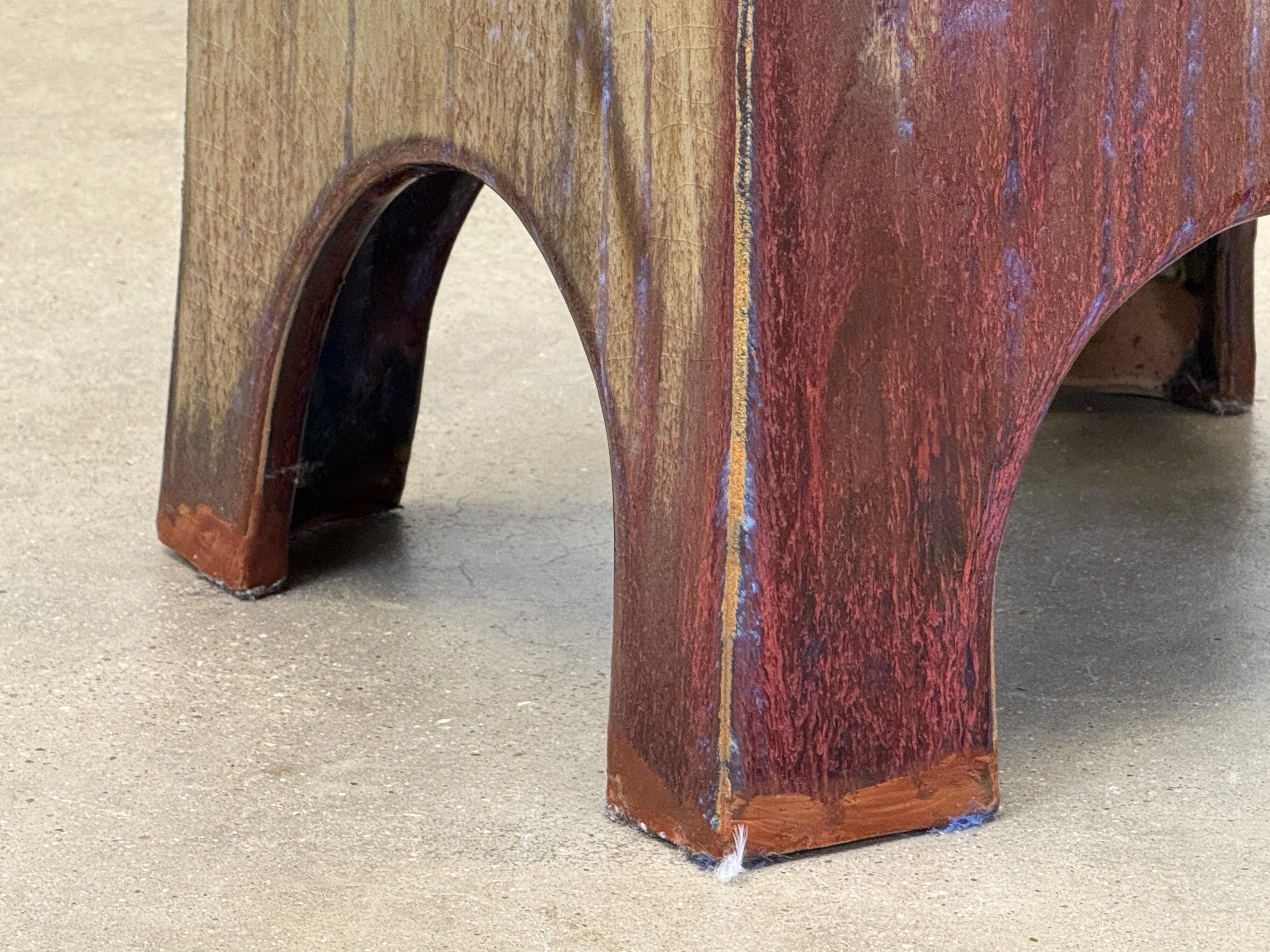 Slab rolled and hand constructed with Asiatic aesthetic and form. A similar bench can be found in the permanent collection of the Museum of Fine Arts, Boston.