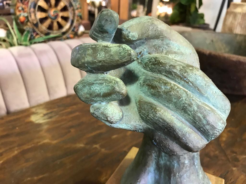 Hand-Crafted Ceramic Signed Hand Sculpture on Wood Display Base