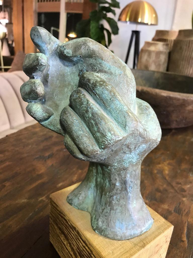Ceramic Signed Hand Sculpture on Wood Display Base In Good Condition In Studio City, CA
