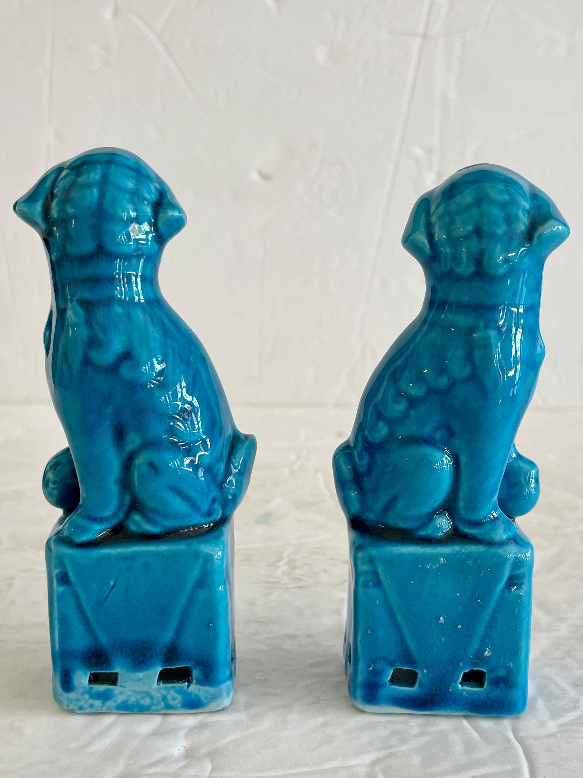 Chinoiserie Ceramic Small Asian Turquoise Foo Dogs, a Pair For Sale