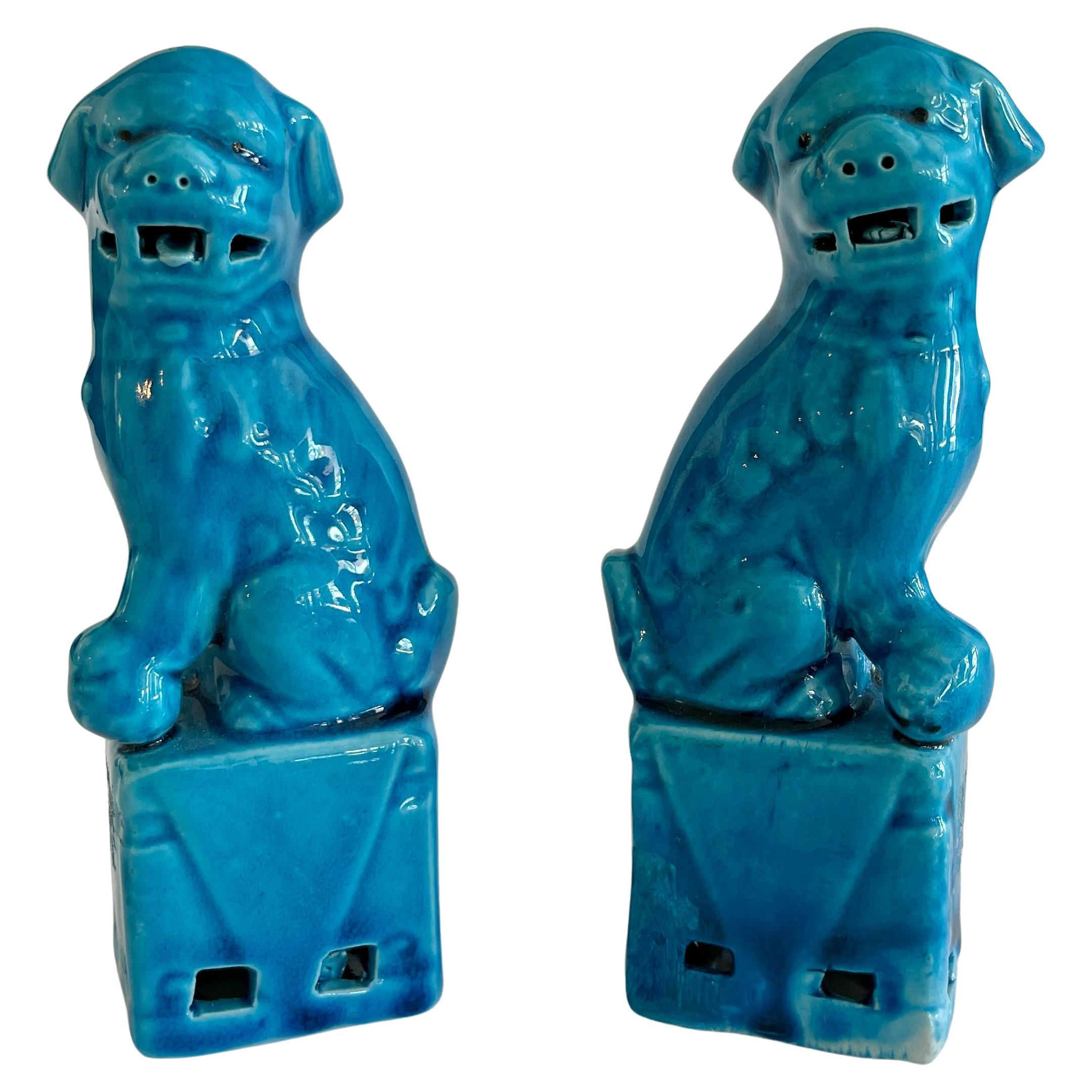 Ceramic Small Asian Turquoise Foo Dogs, a Pair For Sale
