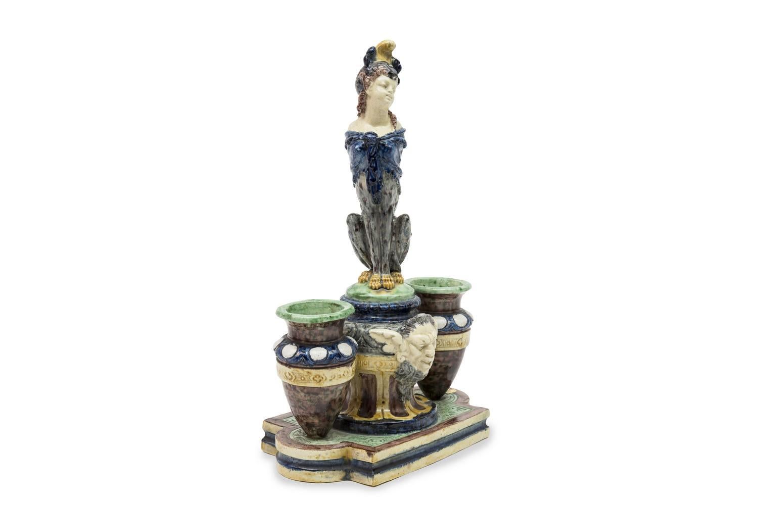 This fine earthenware inkwell with polychrome decoration was made by Thomas Victor Sergent, one of the great ceramists of the Palissy Ware movement at the end of the 19th century.

Thomas Victor Sergent was never satisfied to take again the models