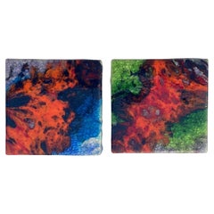Ceramic Square Art Tiles with Multi Color Bright Glazes 1960s