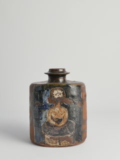 Ceramic Square Bottle Vase with Naive-Style Motifs in Brown Glaze